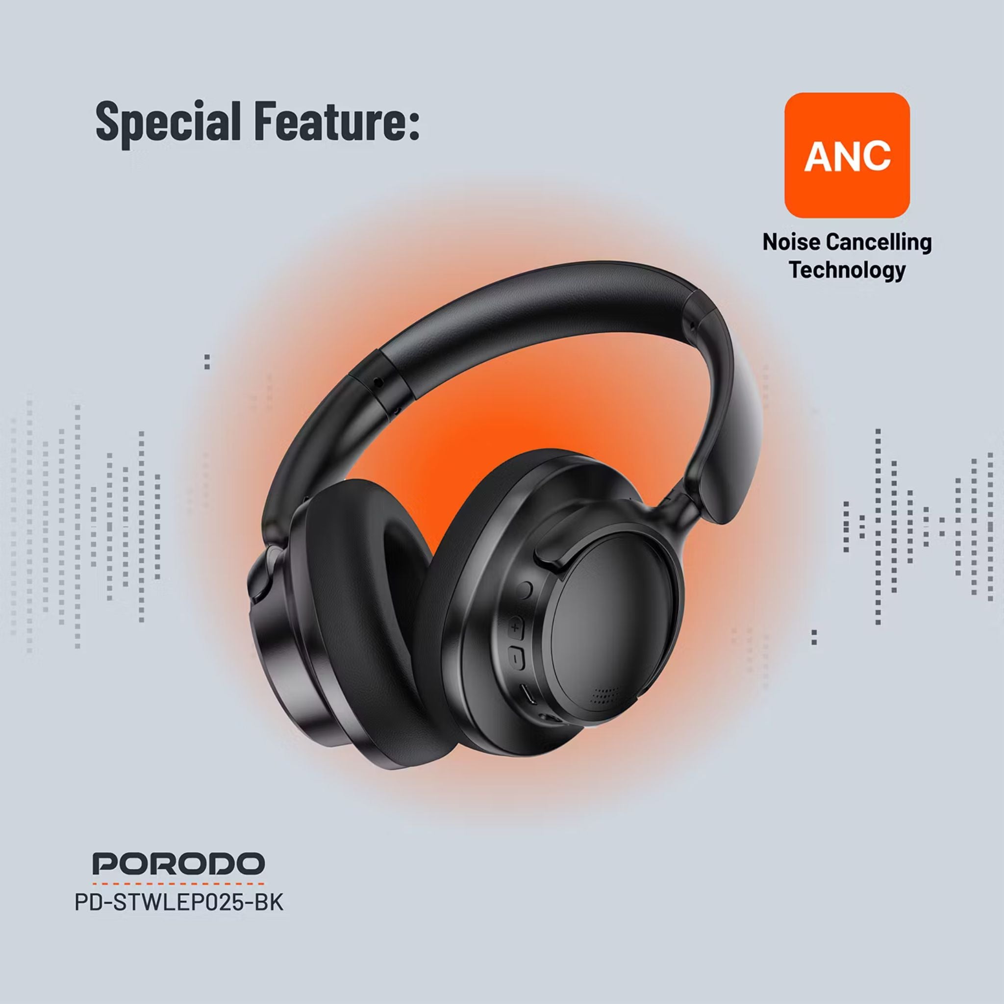 Porodo Soundtec Zen Active Noise-Cancellation Headphones with Bluetooth Version 5.3, 300mAh Battery Capacity, 30 Hours Play Time, Type-C Charging Port, 2 Hours Recharge Time, Comfortable Cushions - Black