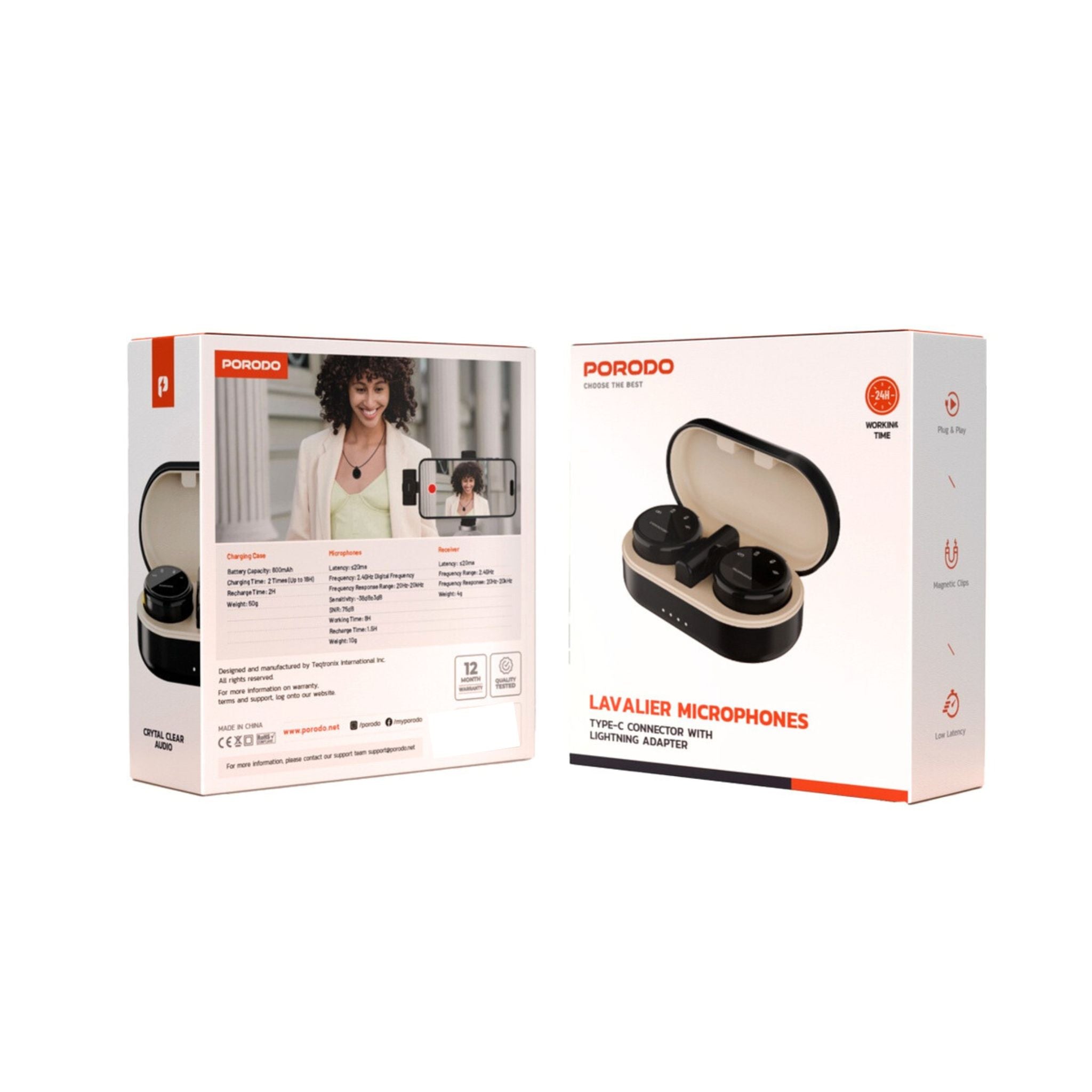 Porodo Lavalier Wireless Dual Mic with charging case: up to 24h use, ≤20ms latency, 2.4GHz digital freq, 600mAh case, Type-C + Lightning adapter, plug & play, magnetic clips, low latency, clear audio_Black