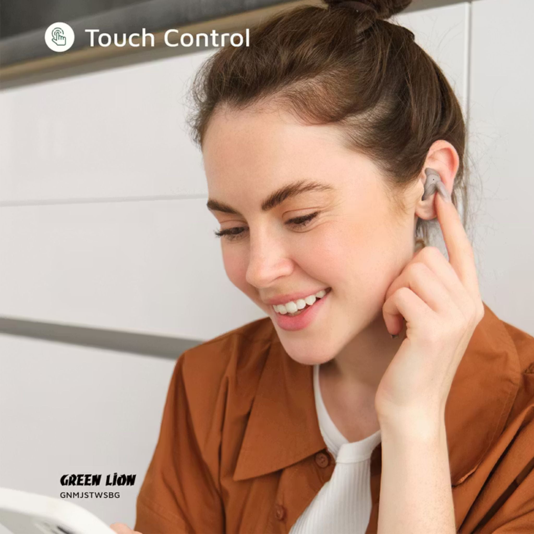 Green Lion Majestic True Wireless Earbuds TWS, High Definition Microphone, Voice Assistant Mode, Touch Control, Music Mode, Game Mode, ANC - Beige
