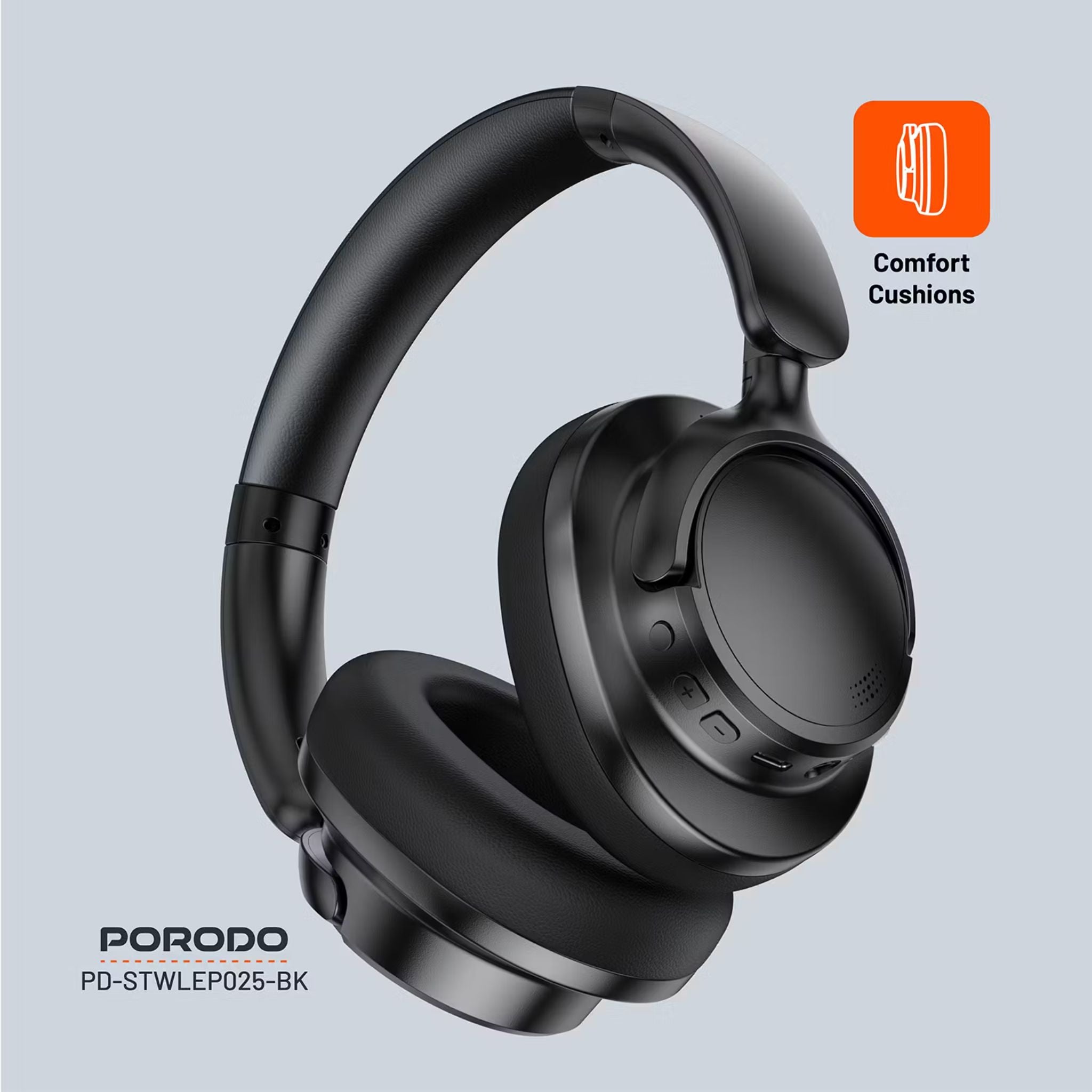 Porodo Soundtec Zen Active Noise-Cancellation Headphones with Bluetooth Version 5.3, 300mAh Battery Capacity, 30 Hours Play Time, Type-C Charging Port, 2 Hours Recharge Time, Comfortable Cushions - Black