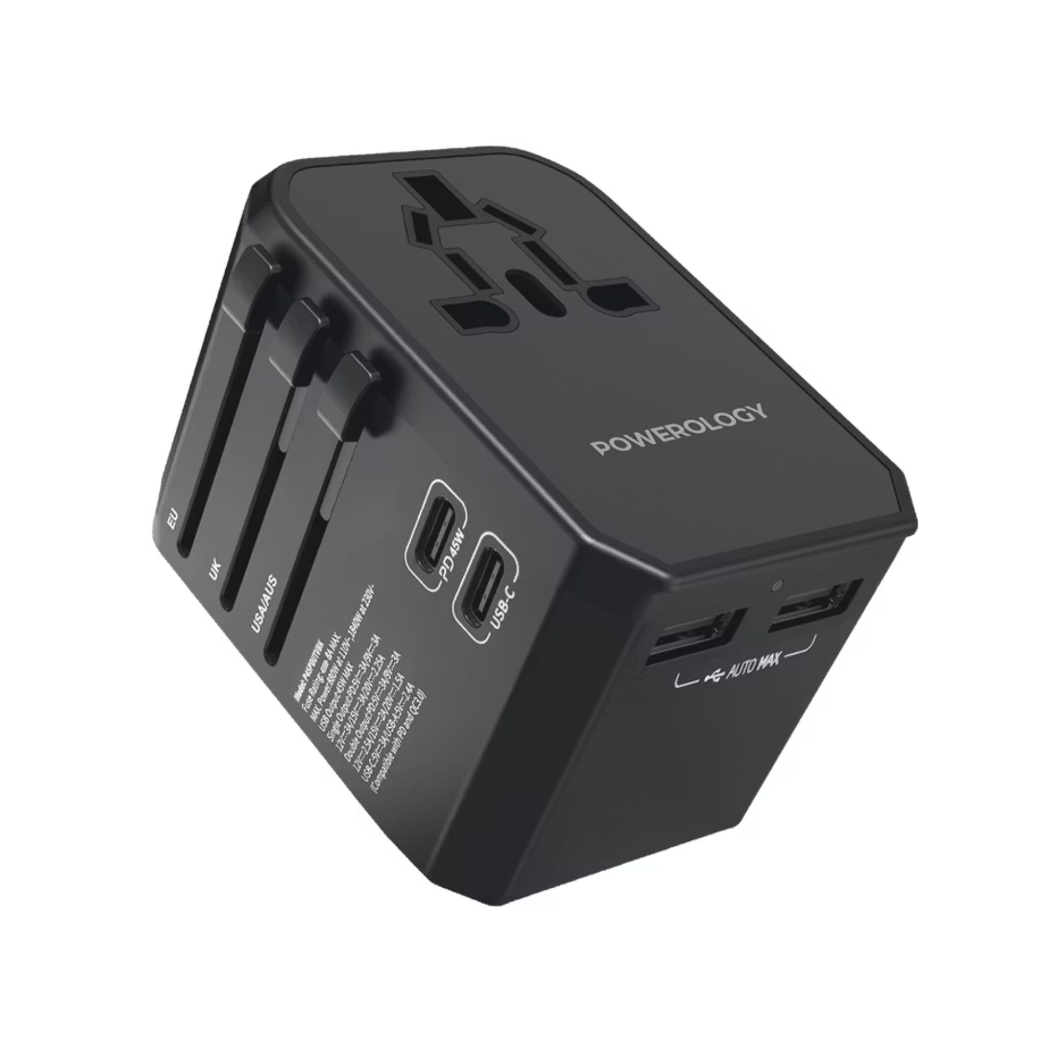 Powerology Universal Multi-Port Travel Charger with 45W Power Delivery, 8A Dual Fuse, Simultaneous Charging, Built-in Safeguards, Fast Charging, Active Protect - Black