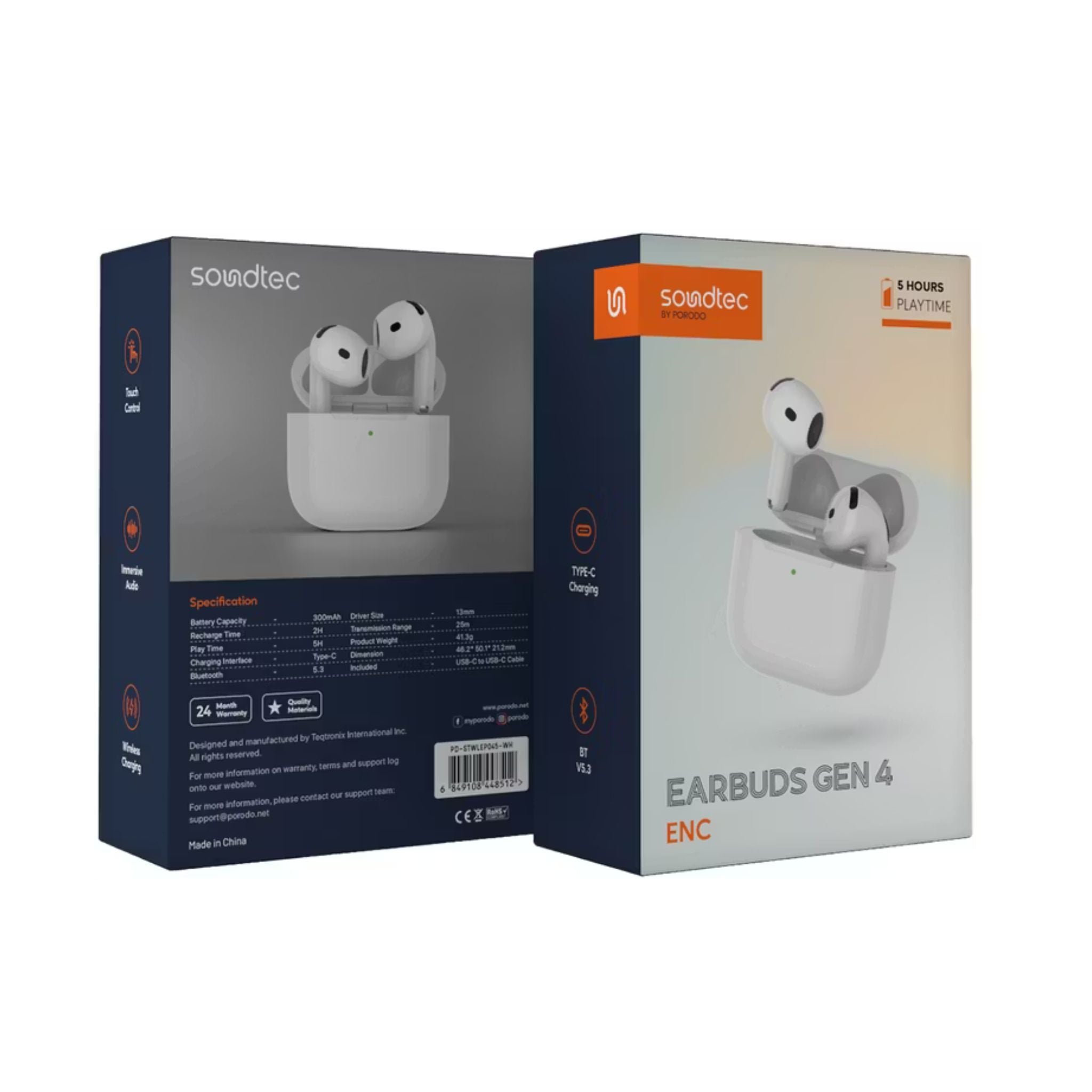 Porodo Soundtec Earbuds Gen 4 with Environmental Noise Cancellation, 5 Hours Play Time, 25m Transmission Range, Touch Control, Wireless Charging - White