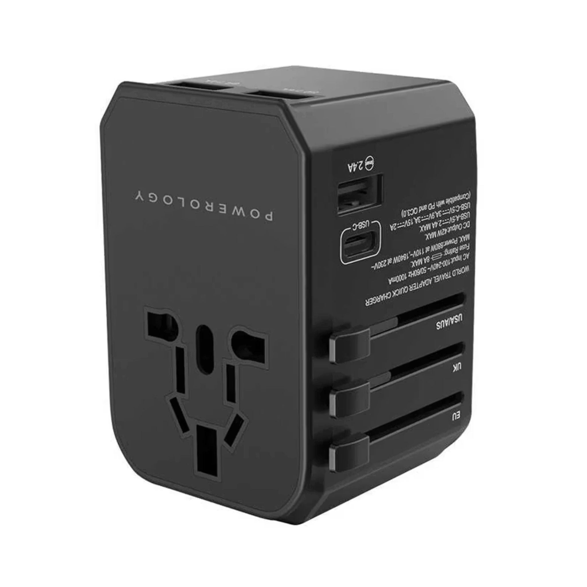 Powerology Universal Multi-Port Travel Charger with 45W Power Delivery, 8A Dual Fuse, Simultaneous Charging, Built-in Safeguards, Fast Charging, Active Protect - Black