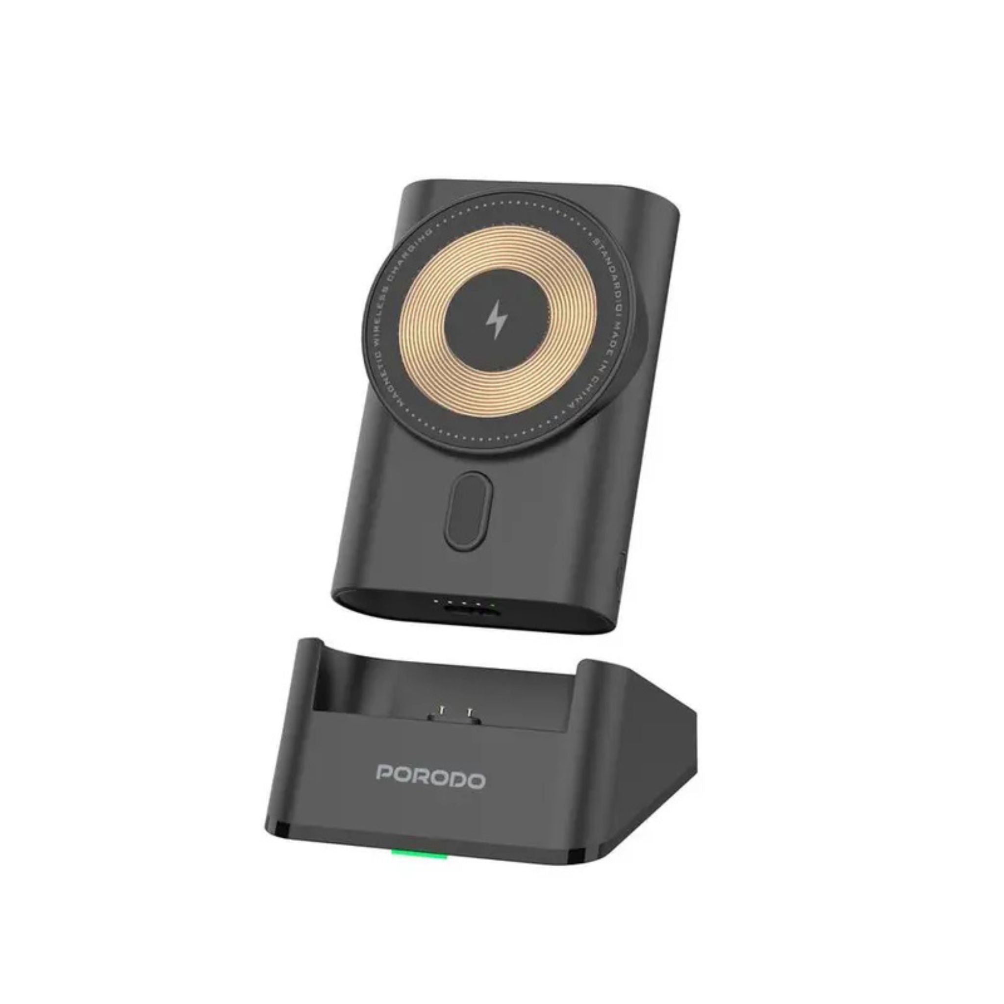 A black Porodo 5200mAh Integrated Type-C MagSafe Power Bank with a transparent design, showing the internal structure and a gold-colored magnetic ring on the top.