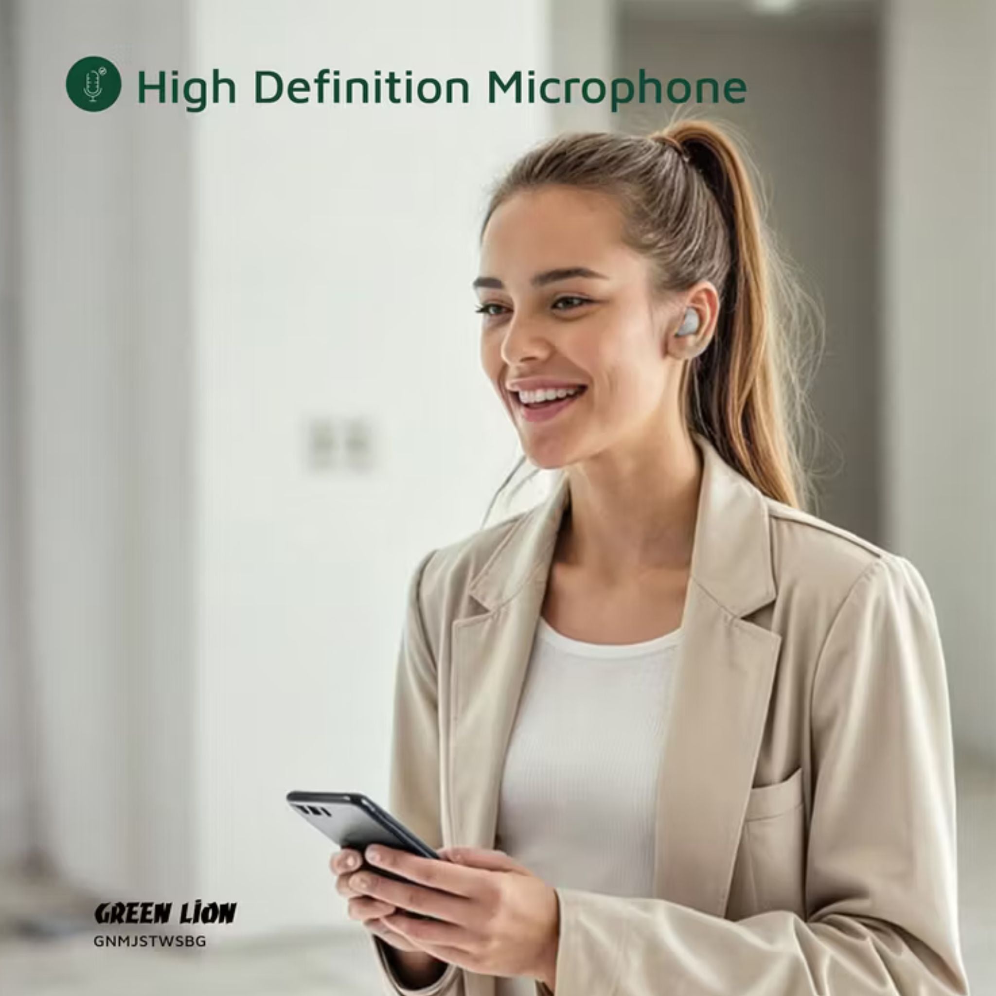 Green Lion Majestic True Wireless Earbuds TWS, High Definition Microphone, Voice Assistant Mode, Touch Control, Music Mode, Game Mode, ANC - Beige