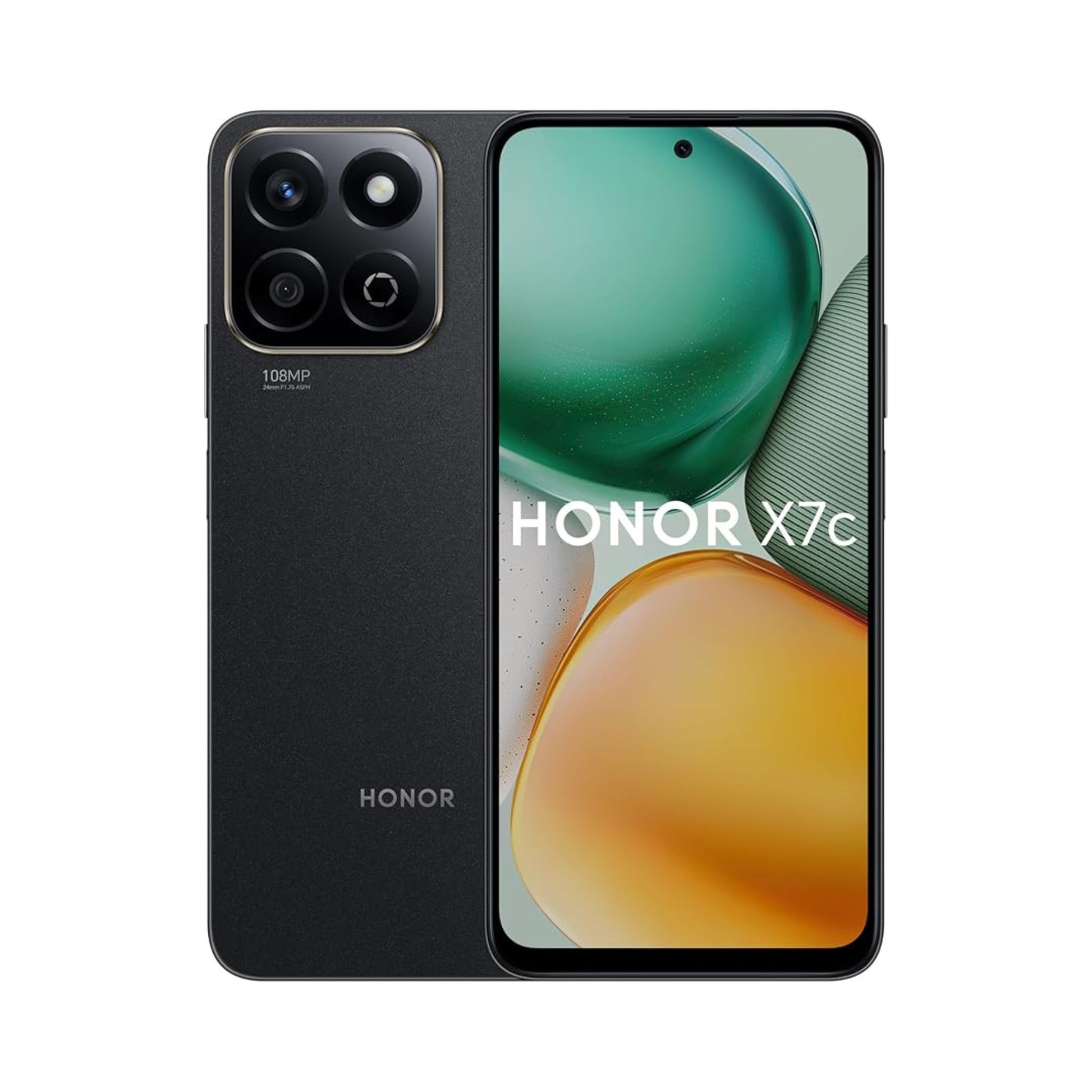 Honor X7c smartphone showing back and front views on a white background