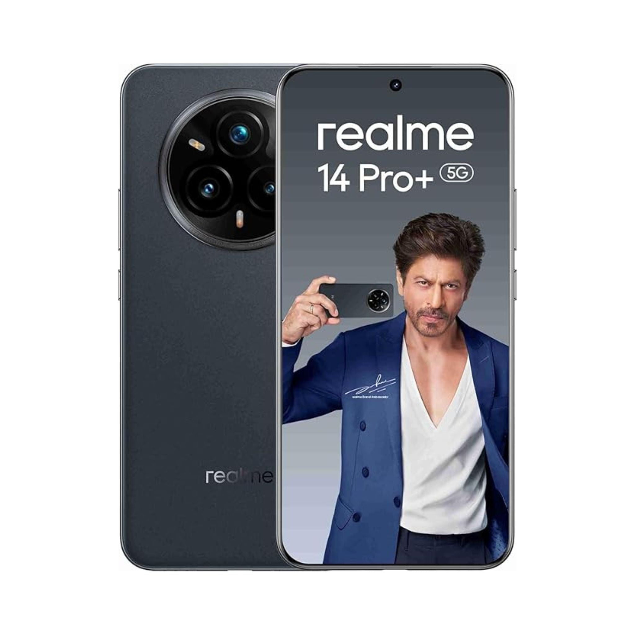 Realme 14 Pro+ 5G smartphone with a person holding it on a white background