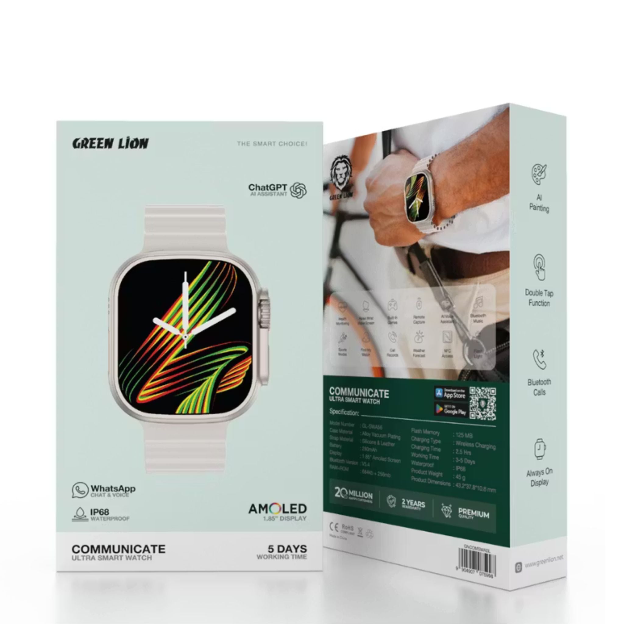 Green Lion Communicate Ultra Smart Watch with 1.85" Amoled Screen Dispaly, 280mAh Battery Capacity, Wireless Charging, AI Voice Assistant, 125 MB Flash Storage, 3-5 Days Working Time - Silver