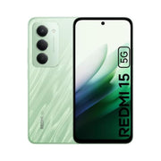 Green smartphone with 'Redmi 15' branding on a white background