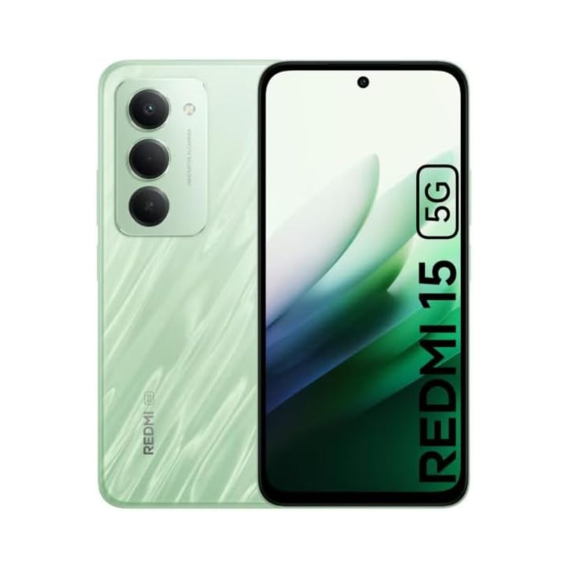 Green smartphone with 'Redmi 15' branding on a white background