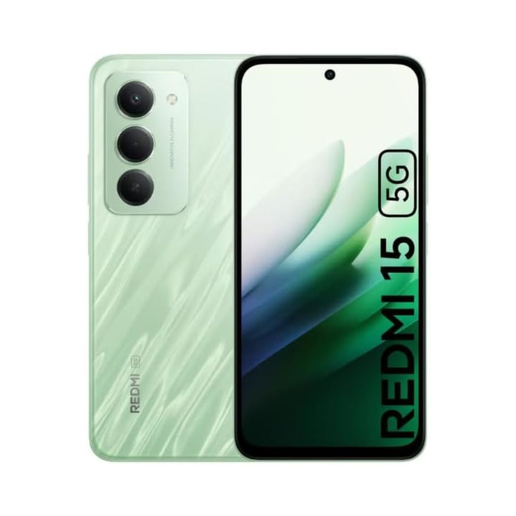 Green smartphone with 'Redmi 15' branding on a white background