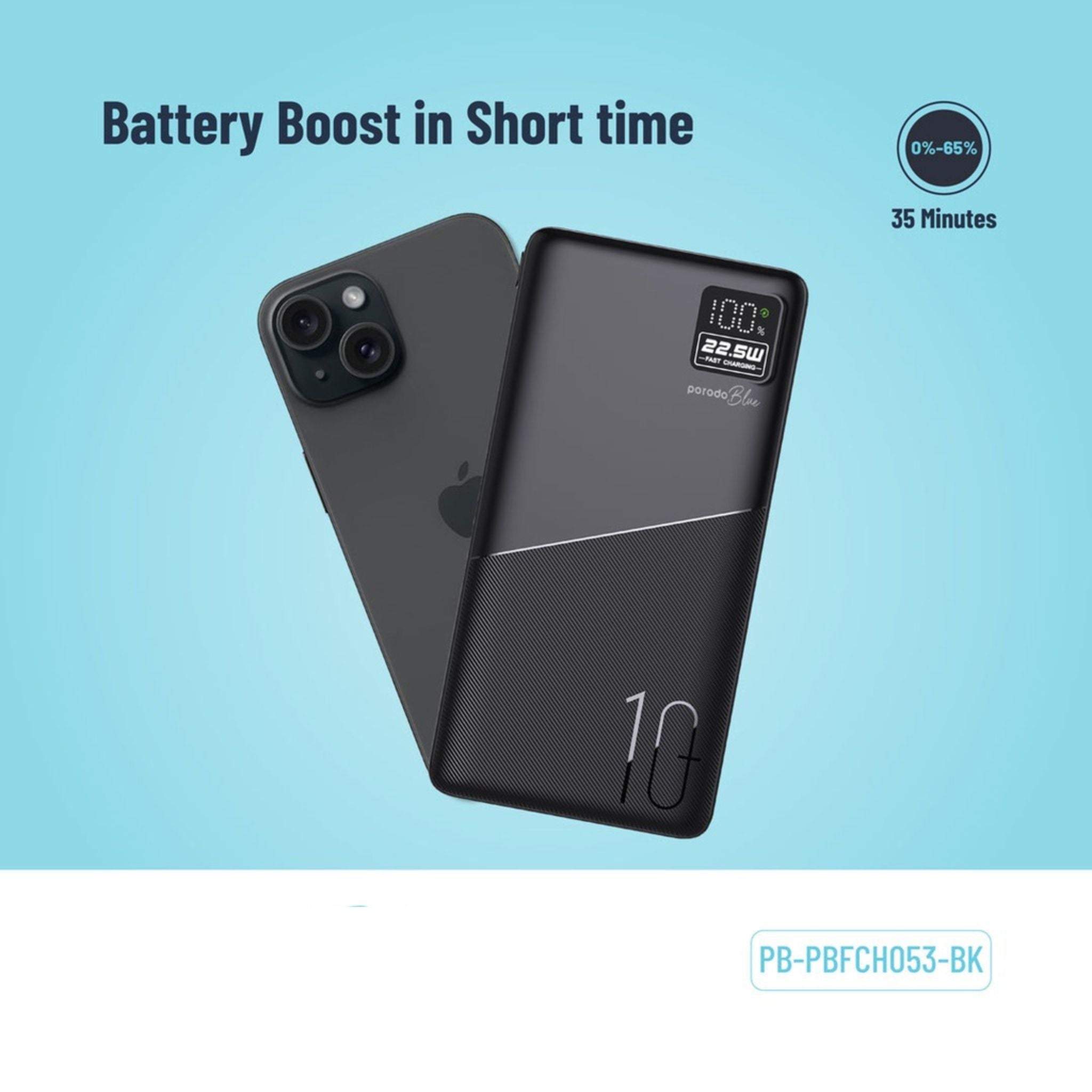 Porodo Blue Quick Charge Power Bank with USB-A & USB-C Outputs, 10000mAh Battery Capacity, Digital Display, 20W Power Delivery - Black