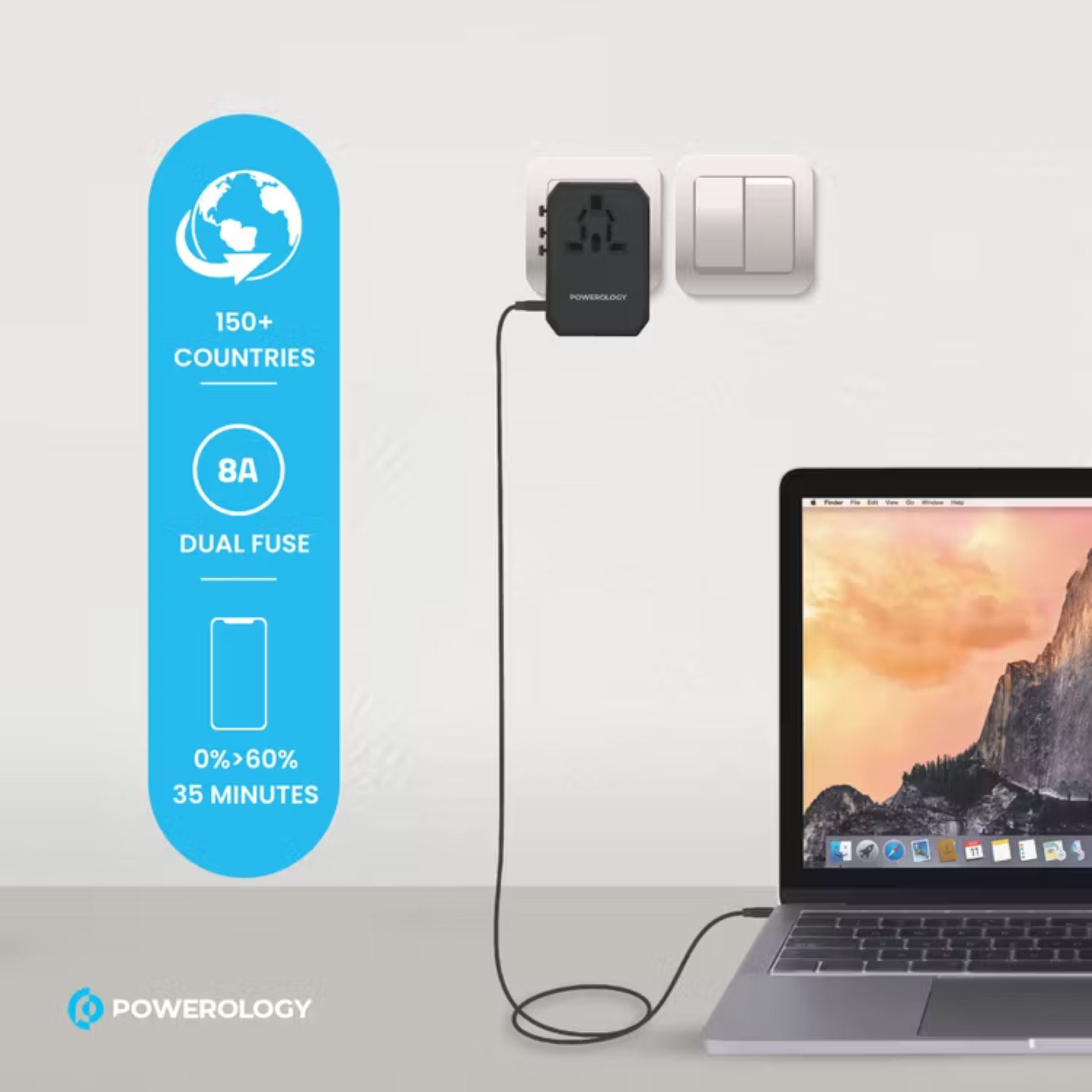 Powerology Universal Multi-Port Travel Charger with 45W Power Delivery, 8A Dual Fuse, Simultaneous Charging, Built-in Safeguards, Fast Charging, Active Protect - Black