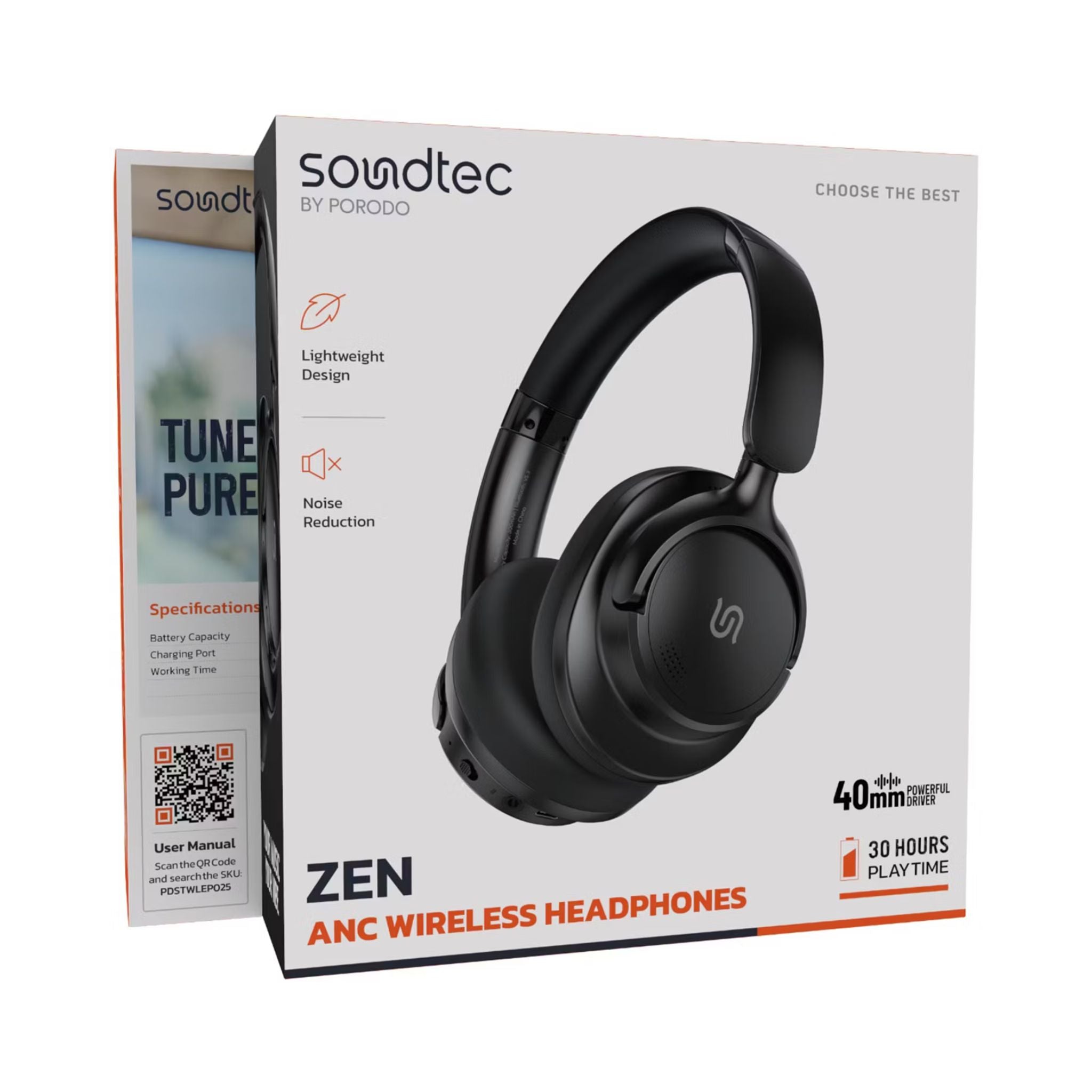Porodo Soundtec Zen Active Noise-Cancellation Headphones with Bluetooth Version 5.3, 300mAh Battery Capacity, 30 Hours Play Time, Type-C Charging Port, 2 Hours Recharge Time, Comfortable Cushions - Black