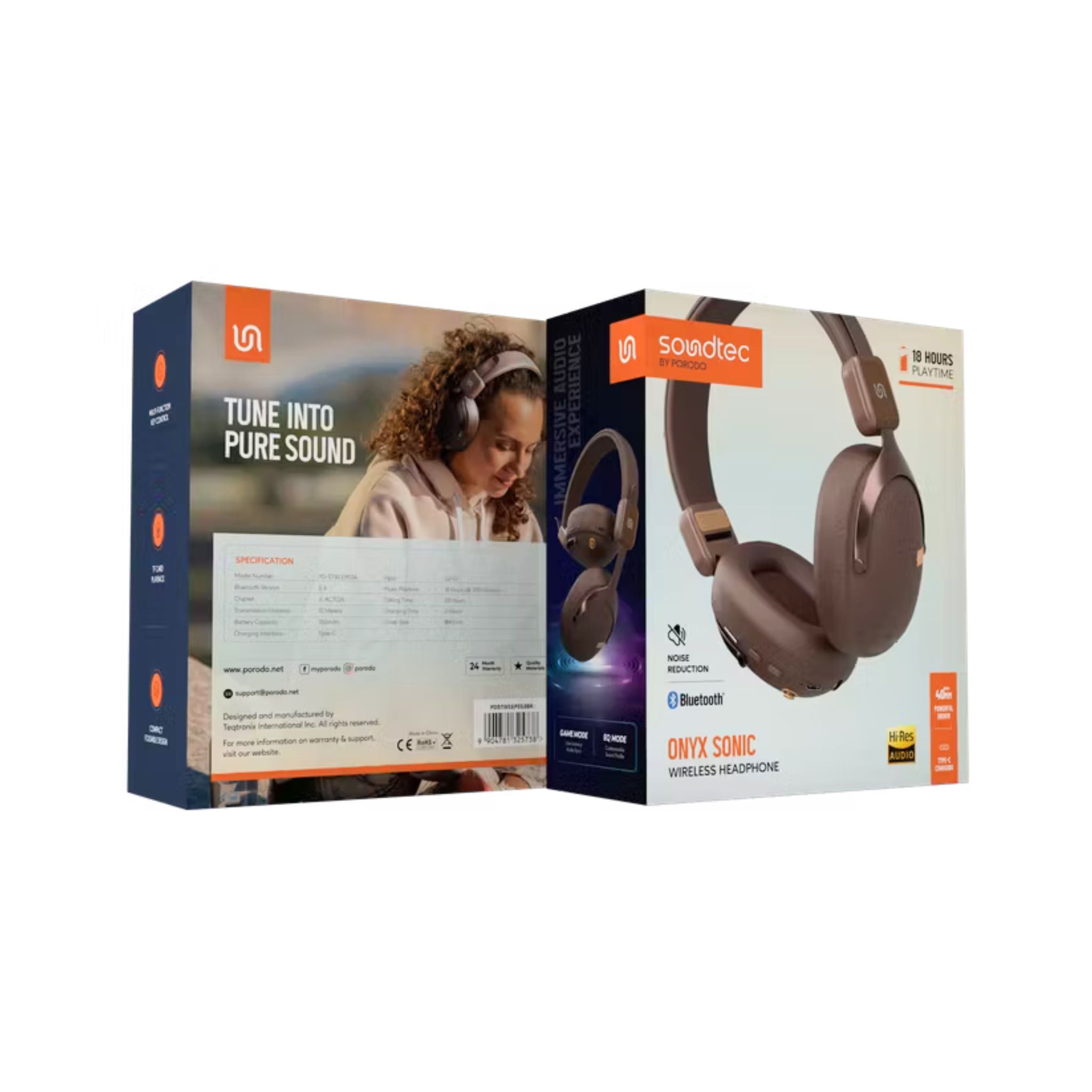 Porodo Soundtec Onyx Sonic Wireless Headphones – Noise Reduction, Bluetooth 5.4, Type-C Charging, 2H Charge, 18H Playtime, 10m Range, Game & EQ Modes, TF Card Support, Foldable, Multi-Function Controls-Brown
