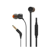 A pair of JBL T110 wired universal in-ear headphones in black color, featuring a 3.5 mm jack and a one-button remote control.