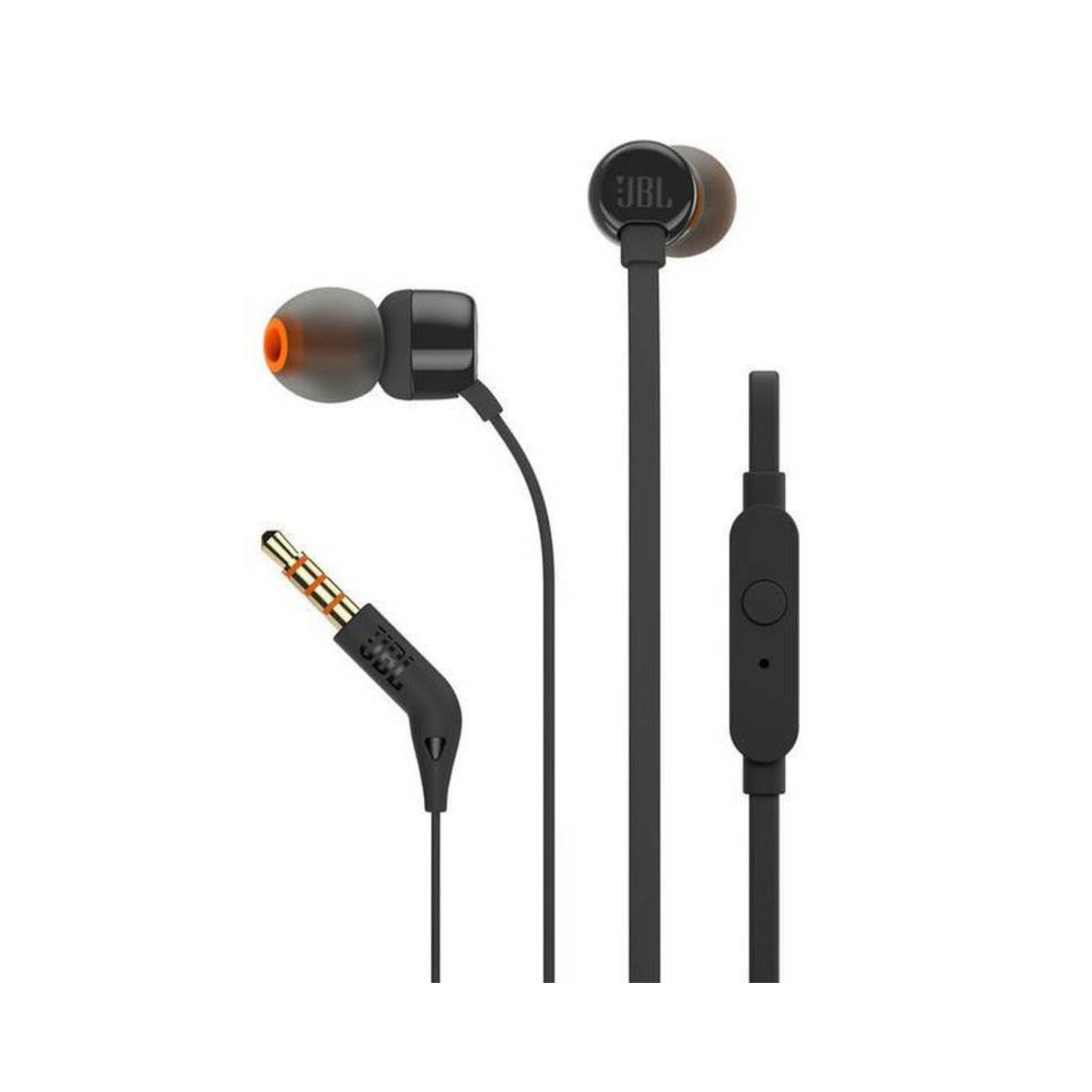 A pair of JBL T110 wired universal in-ear headphones in black color, featuring a 3.5 mm jack and a one-button remote control.