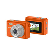 Orange digital camera with screen displaying a scene on a white background