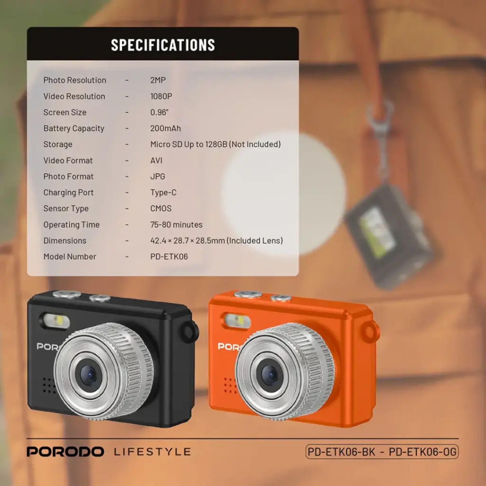 Porodo Lifestyle Snap & Go Mini Digital Camera 2MP / Full HD Camera Video Resolution / Portable Camera with Lightweight / 6 Color Filters / Instant Webcam Function / AVI and JPG Format - Orange