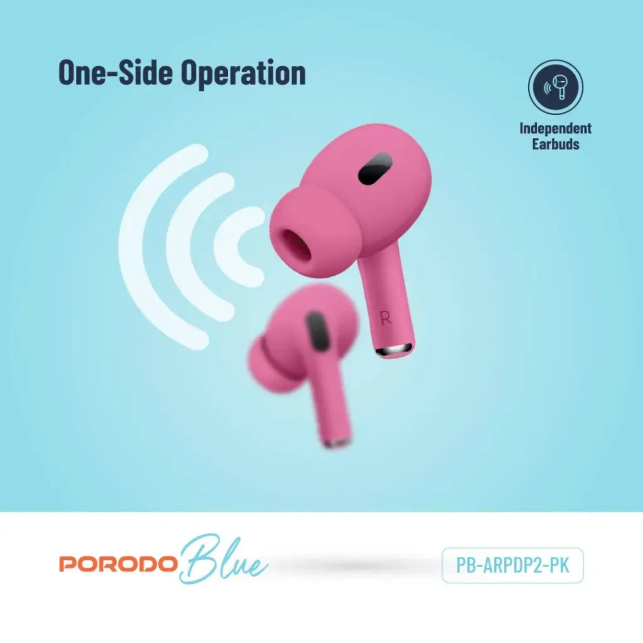 Porodo Blue Earbuds Pro 2 With Swipe Volume, 20 Hours Working Time, Wireless Charging, Deep Bass, Independent Earbuds, Touch Control - Pink