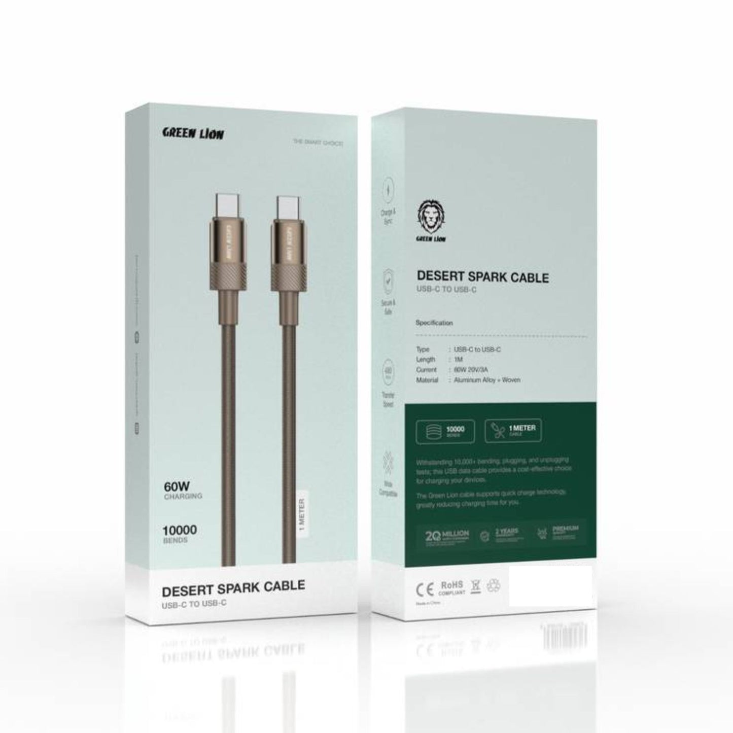 Green Lion Desert Spark Cable USB-C to USB-C, 3A/20V, 60W Power, Wide Compatibility, Charge & Sync Capability - Desert Titanium