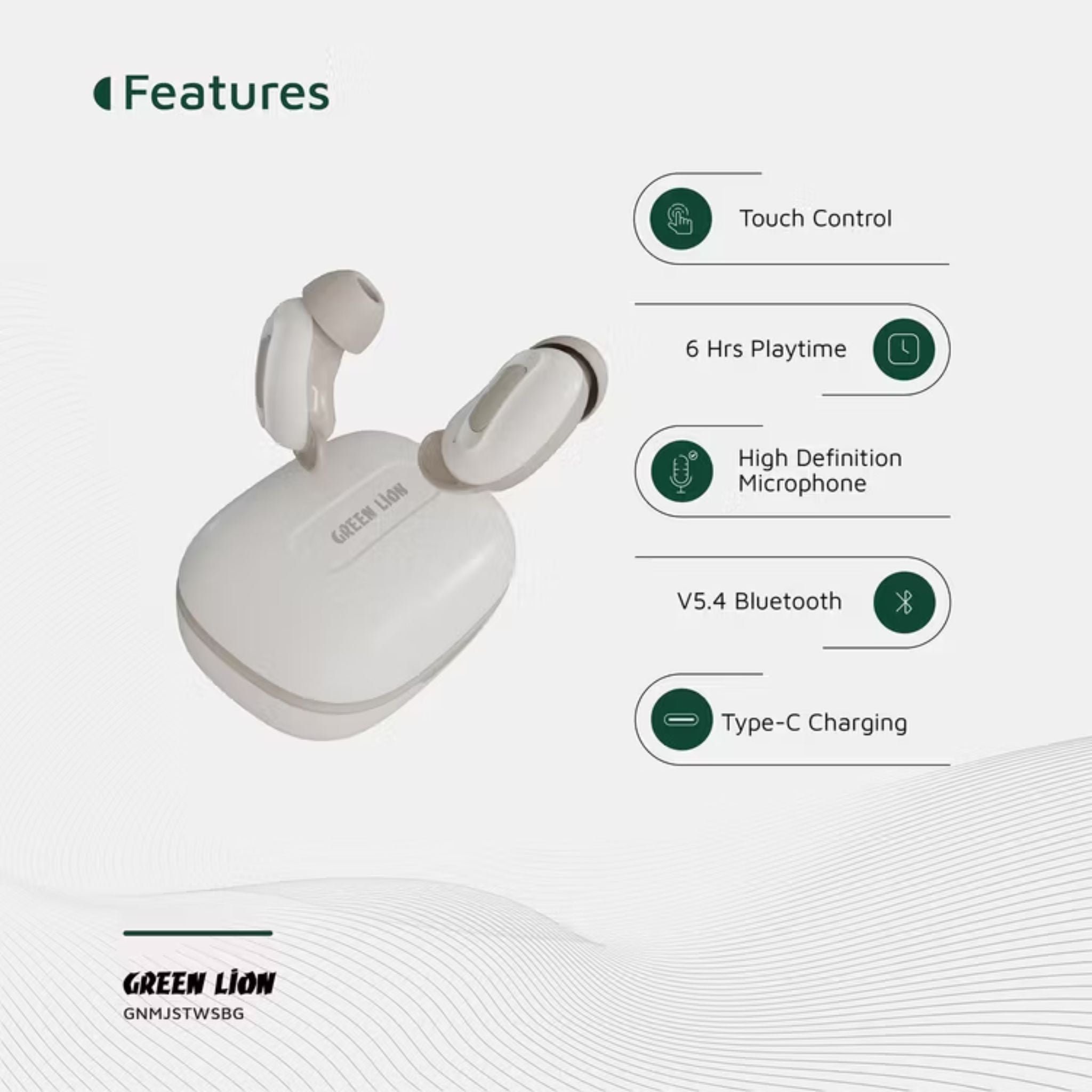 Green Lion Majestic True Wireless Earbuds TWS, High Definition Microphone, Voice Assistant Mode, Touch Control, Music Mode, Game Mode, ANC - Beige