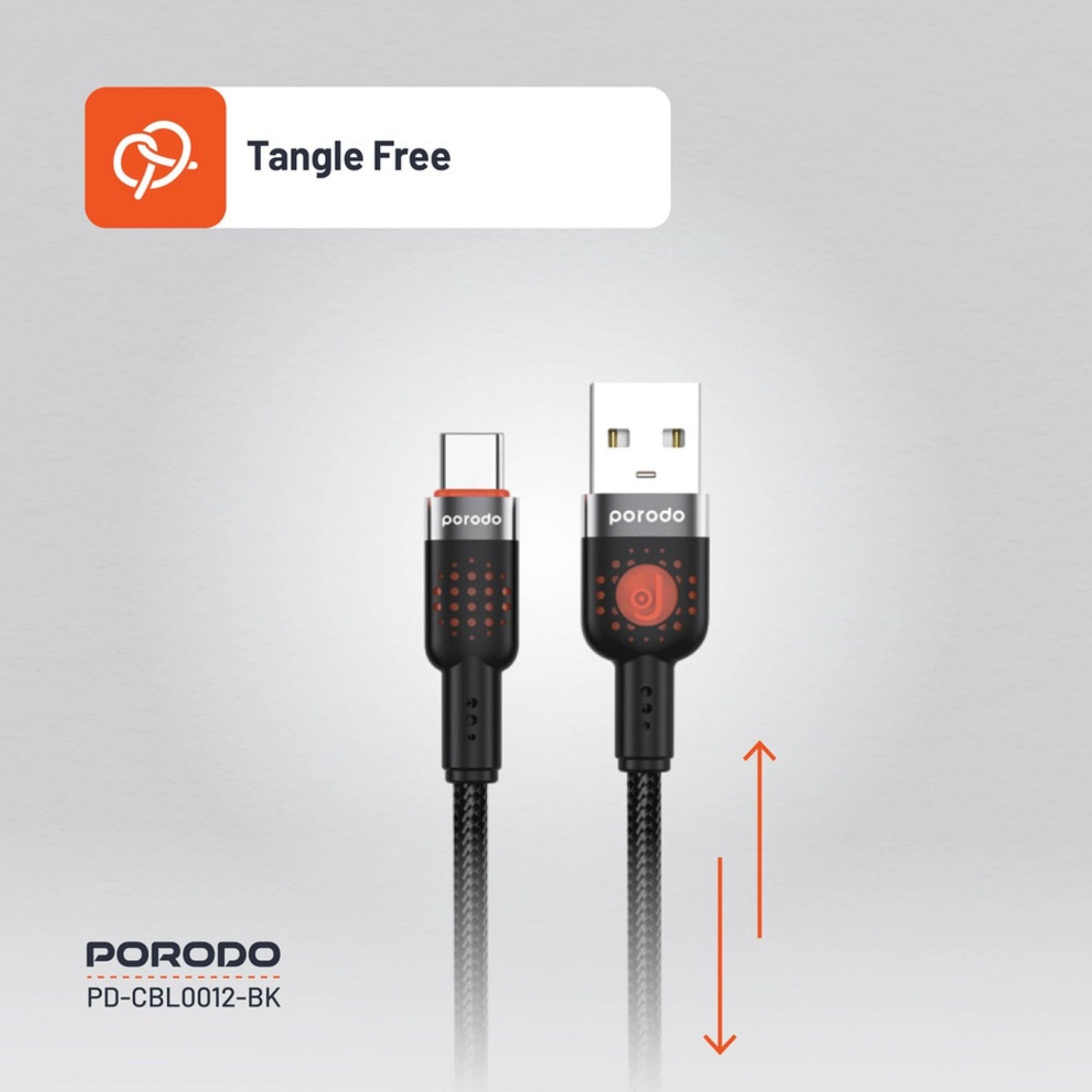 Porodo Braided USB-A to Type-C Cable with 480Mbps Transfer Speed, 1.2m Cable Length, More than 15,000 Bends Lifespan, Tangle-Free Design - Black