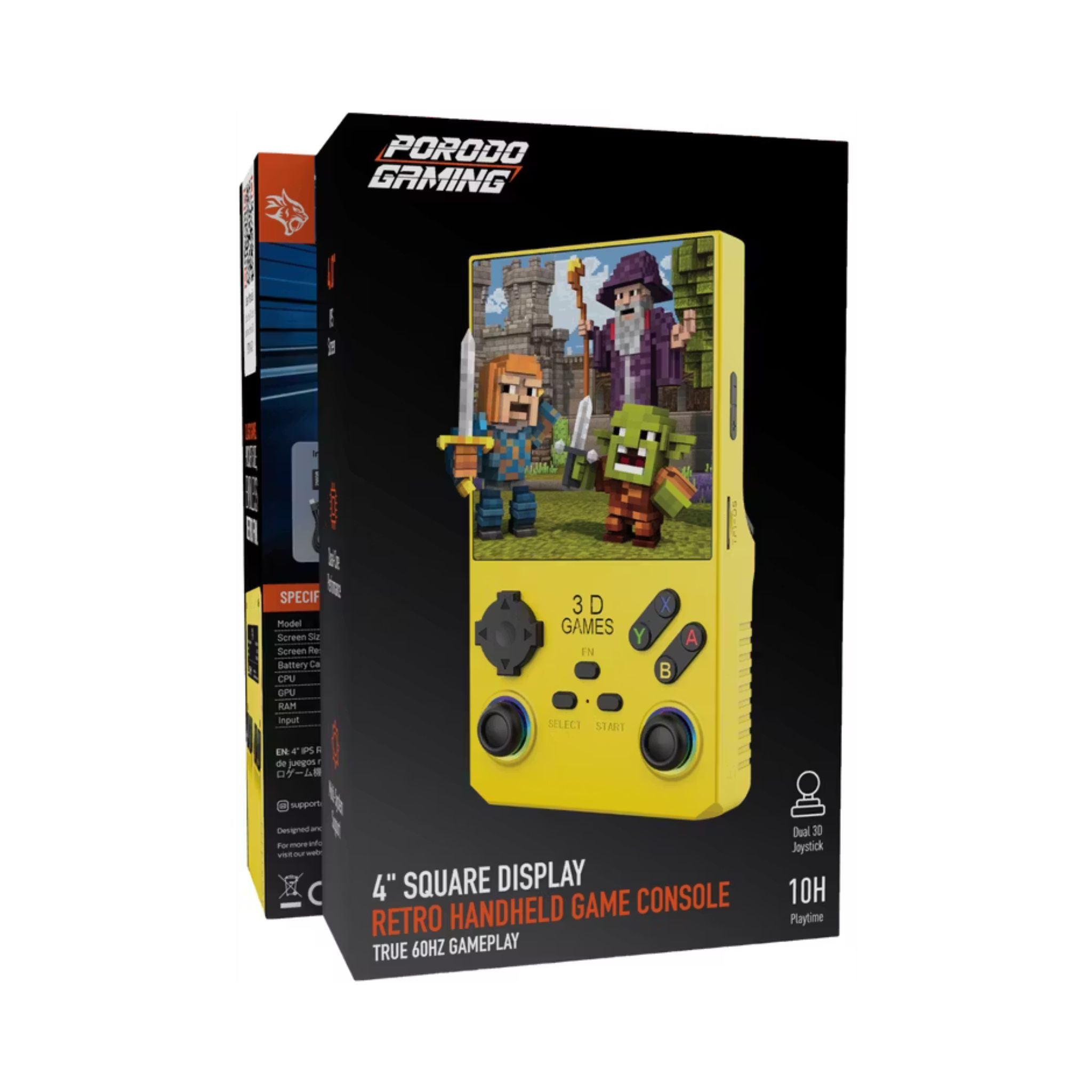 Porodo Gaming 4" Square Display Retro Handheld Game Console, 4000mAh Lithium Polymer Battery, 10 Hours Battery Life, 1GB RAM, Quad-Core Performance, Multi-System Support - Yellow