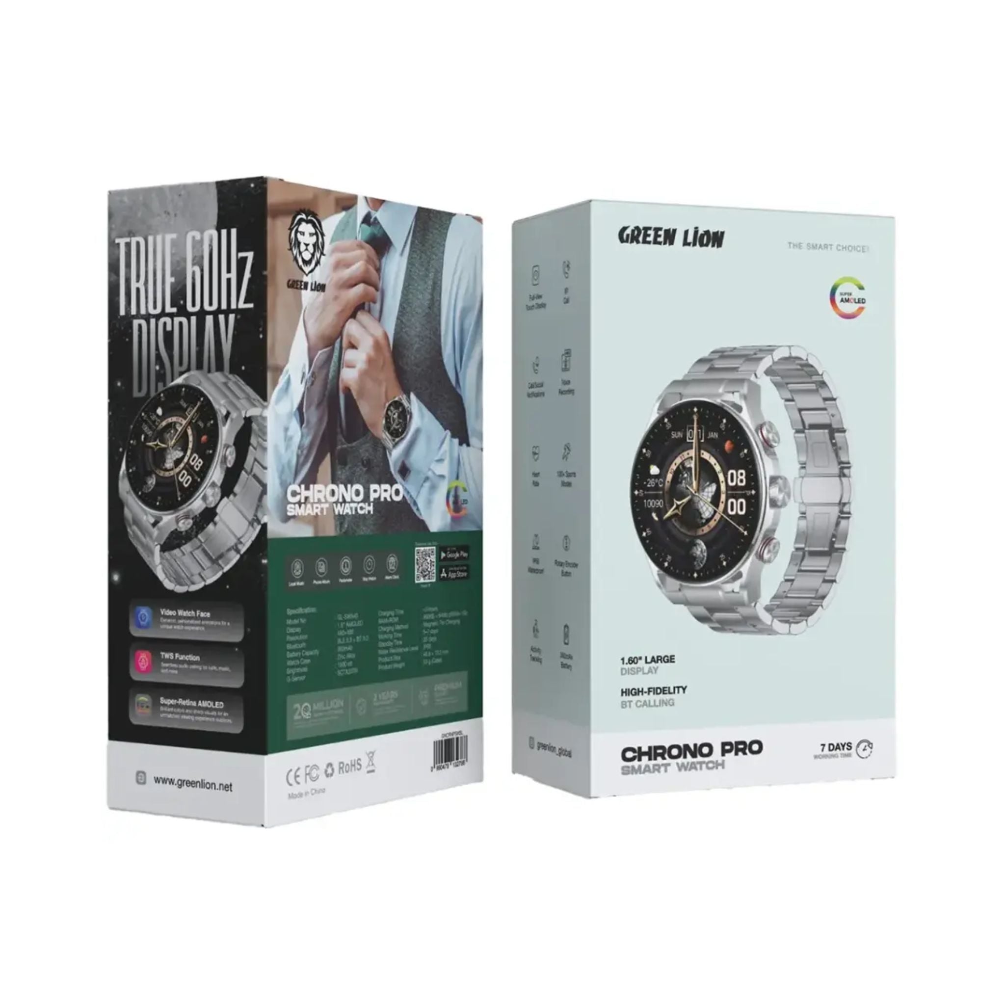Green Lion Chrono Pro Smart Watch with 1.6" AMOLED Display, 360mAh Battery, Up to 7 Days Working Time, 1000nits Brightness, Activity Tracking, Health Monitoring, Stop Watch & Alarm Clock - Silver