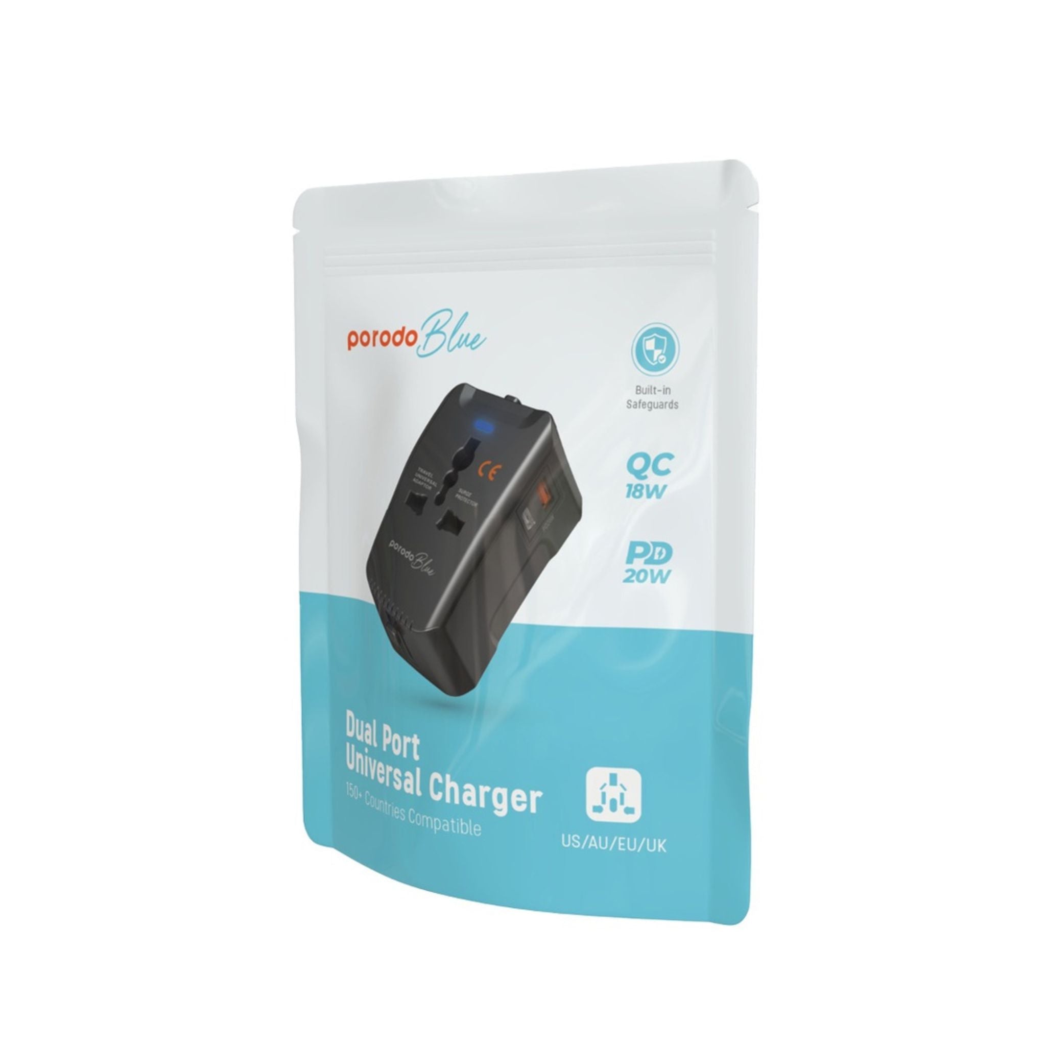 Porodo Blue Dual Port 20W Power Delivery and 18W Quick Charge Universal Wall Charger with US/AU/EU/UK Plugs, Built-in Safeguards - Black