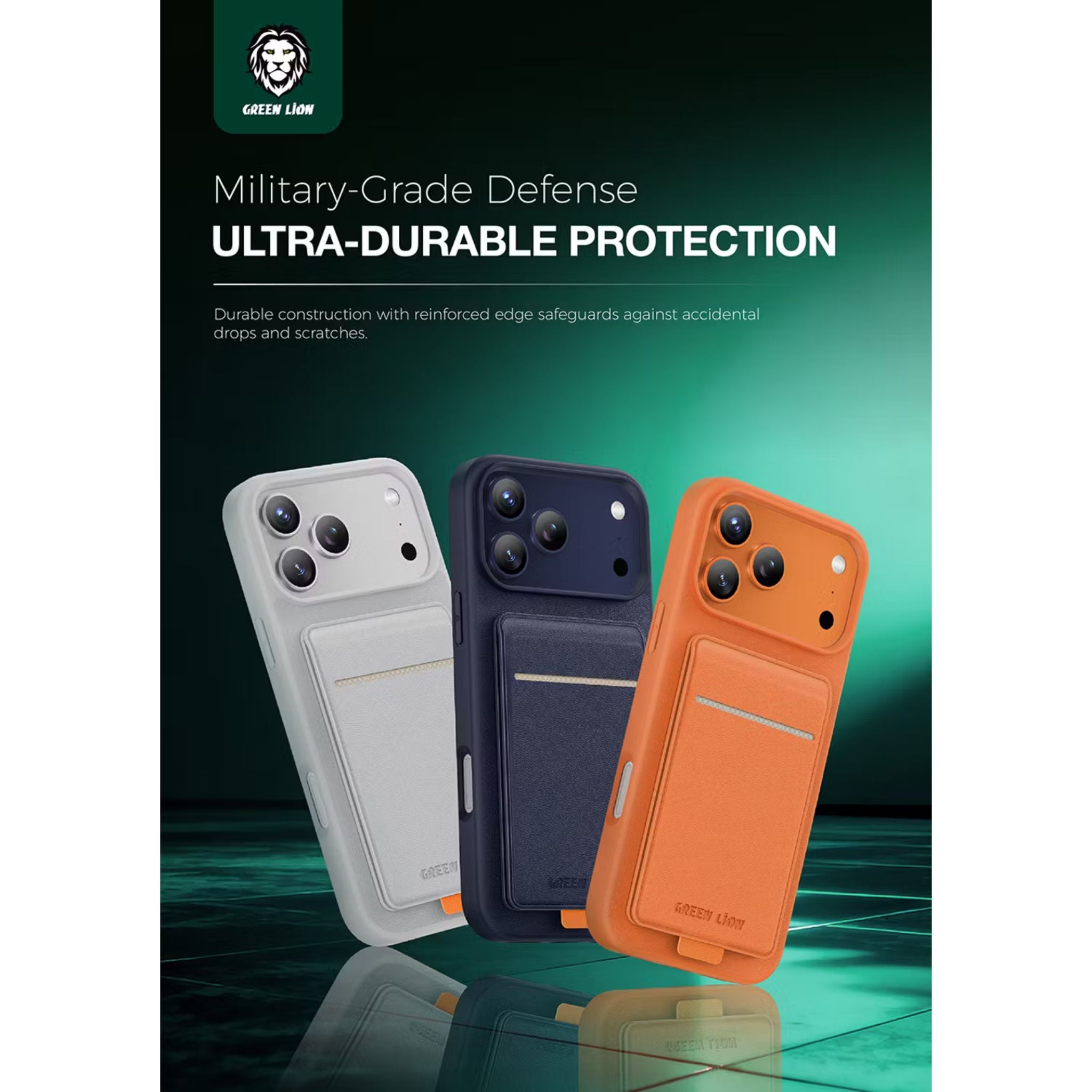 Green Lion Regal MagSafe Leather Case with Card Holder for iPhone 17 Pro Max, Anti-Fingerprint, Foldable Stand, Camera Protection, Comfortable Grip, Anti-Scratch, Shock Absorption - Blue