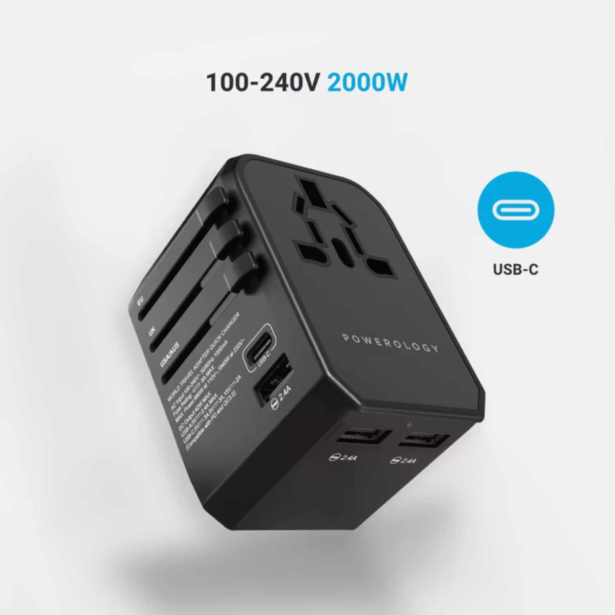 Powerology Universal Multi-Port Travel Charger with 45W Power Delivery, 8A Dual Fuse, Simultaneous Charging, Built-in Safeguards, Fast Charging, Active Protect - Black