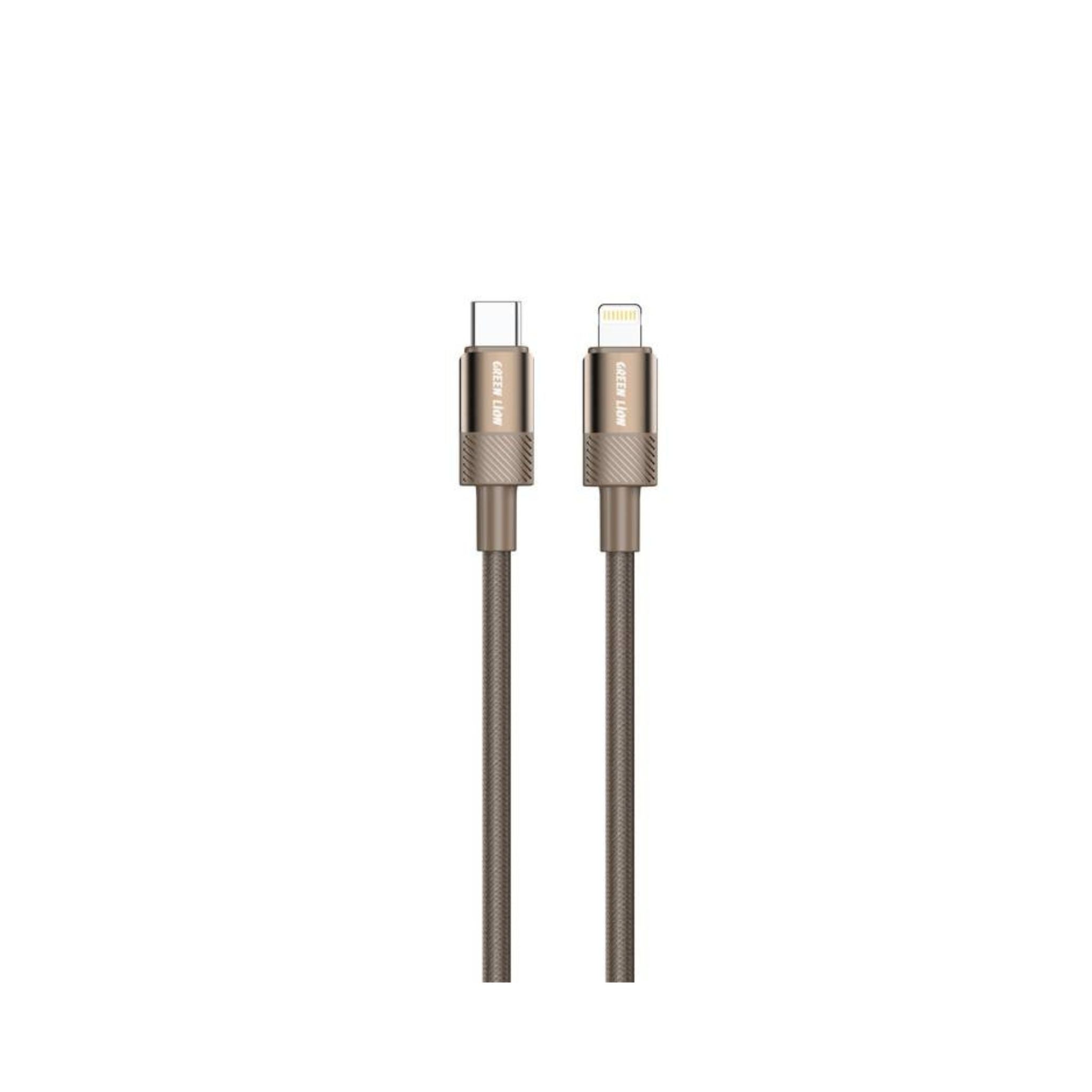 A USB-C to Lightning cable with a braided design and aluminum alloy connectors in a brown color.