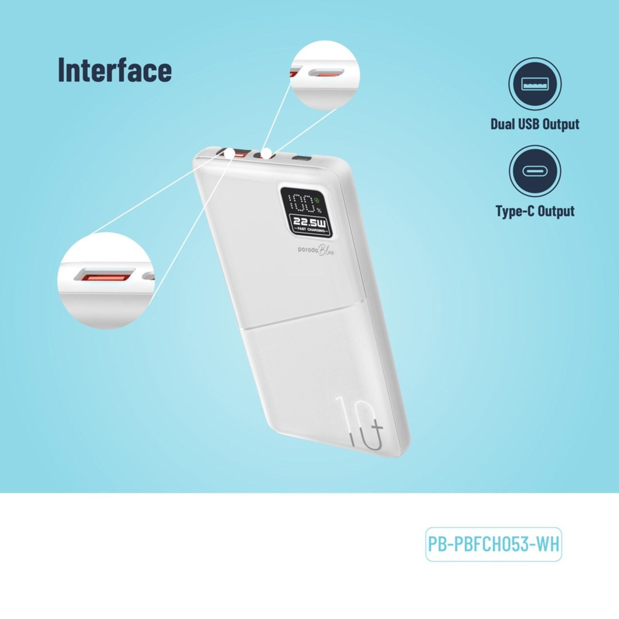 Porodo Blue Quick Charge Power Bank with USB-A & USB-C Outputs, 10000mAh Battery Capacity, Digital Display, 20W Power Delivery - White
