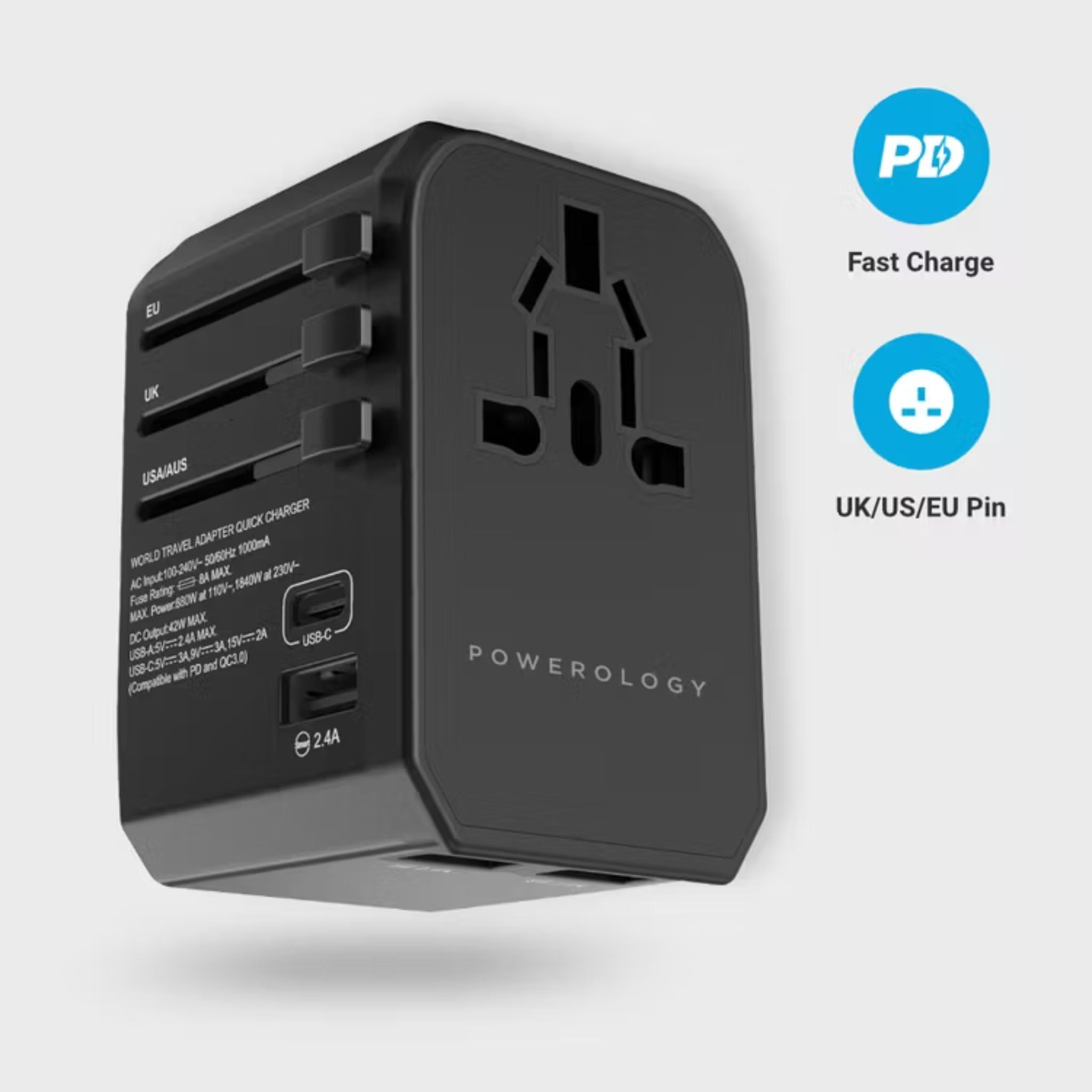Powerology Universal Multi-Port Travel Charger with 45W Power Delivery, 8A Dual Fuse, Simultaneous Charging, Built-in Safeguards, Fast Charging, Active Protect - Black