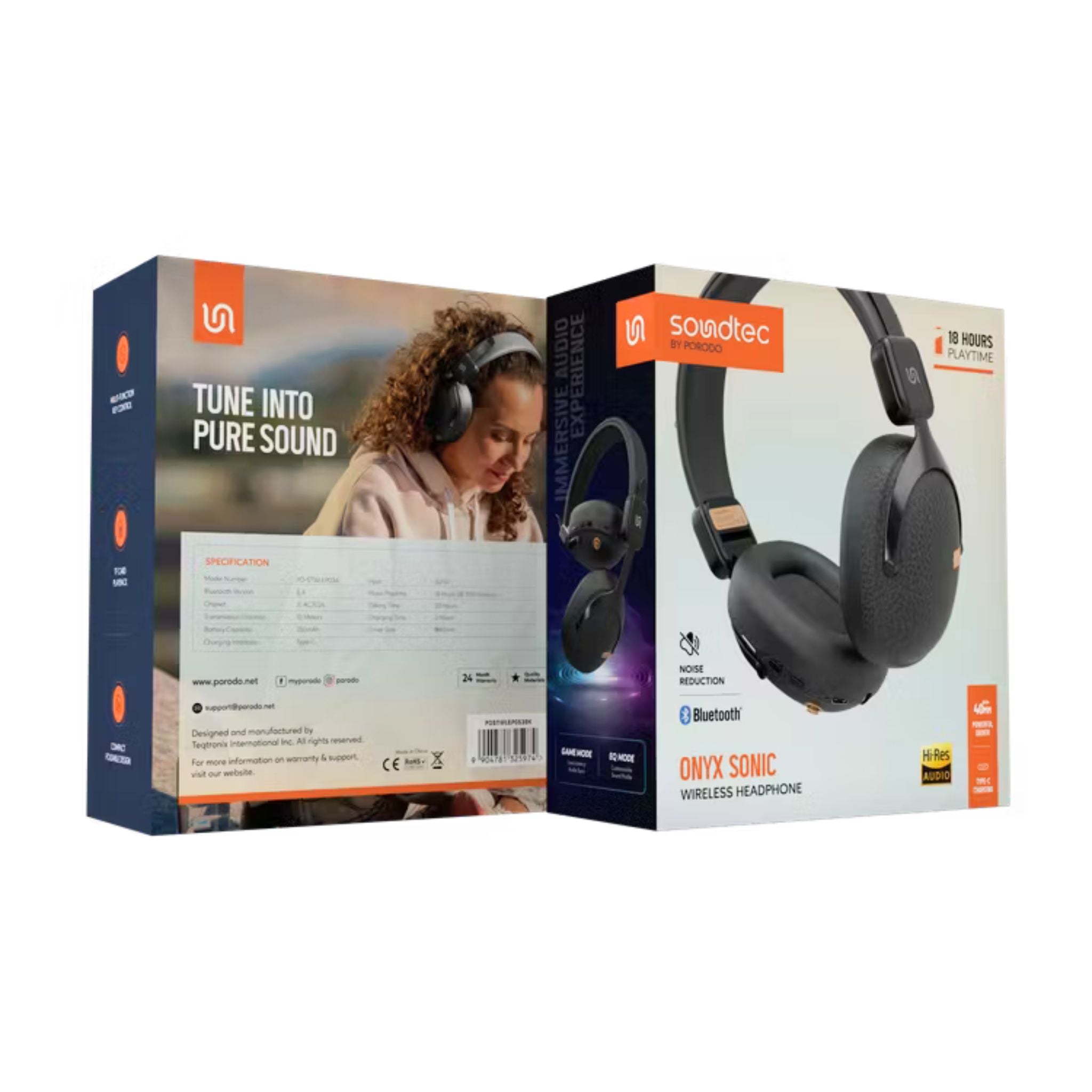 Porodo Soundtec Onyx Sonic Wireless Headphones– Noise Reduction, Bluetooth 5.4, Type-C Charging, 2H Charge, 18H Playtime, 10m Range, Game & EQ Modes, TF Card Support, Foldable, Multi-Function Controls-Black