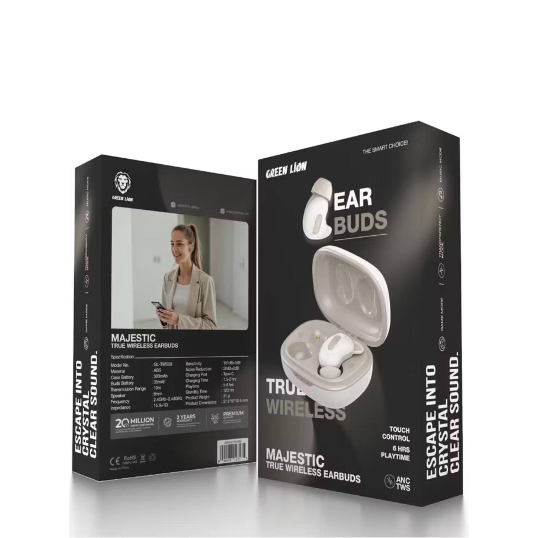 Green Lion Majestic True Wireless Earbuds TWS, High Definition Microphone, Voice Assistant Mode, Touch Control, Music Mode, Game Mode, ANC - Beige