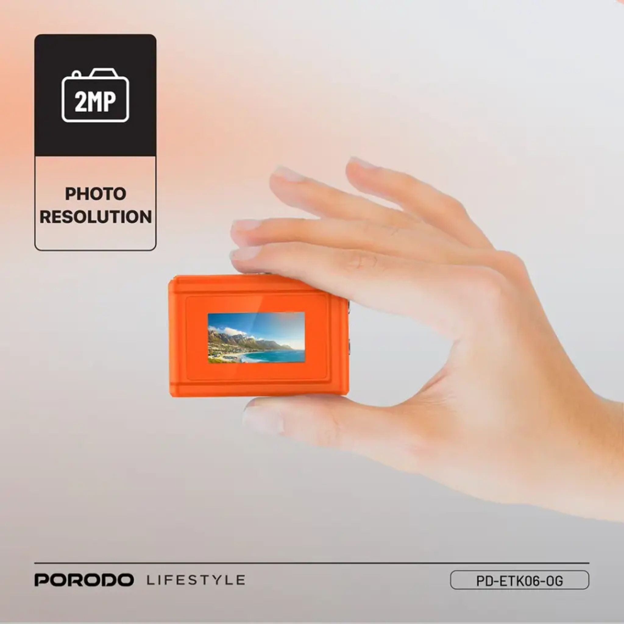 Porodo Lifestyle Snap & Go Mini Digital Camera 2MP / Full HD Camera Video Resolution / Portable Camera with Lightweight / 6 Color Filters / Instant Webcam Function / AVI and JPG Format - Orange