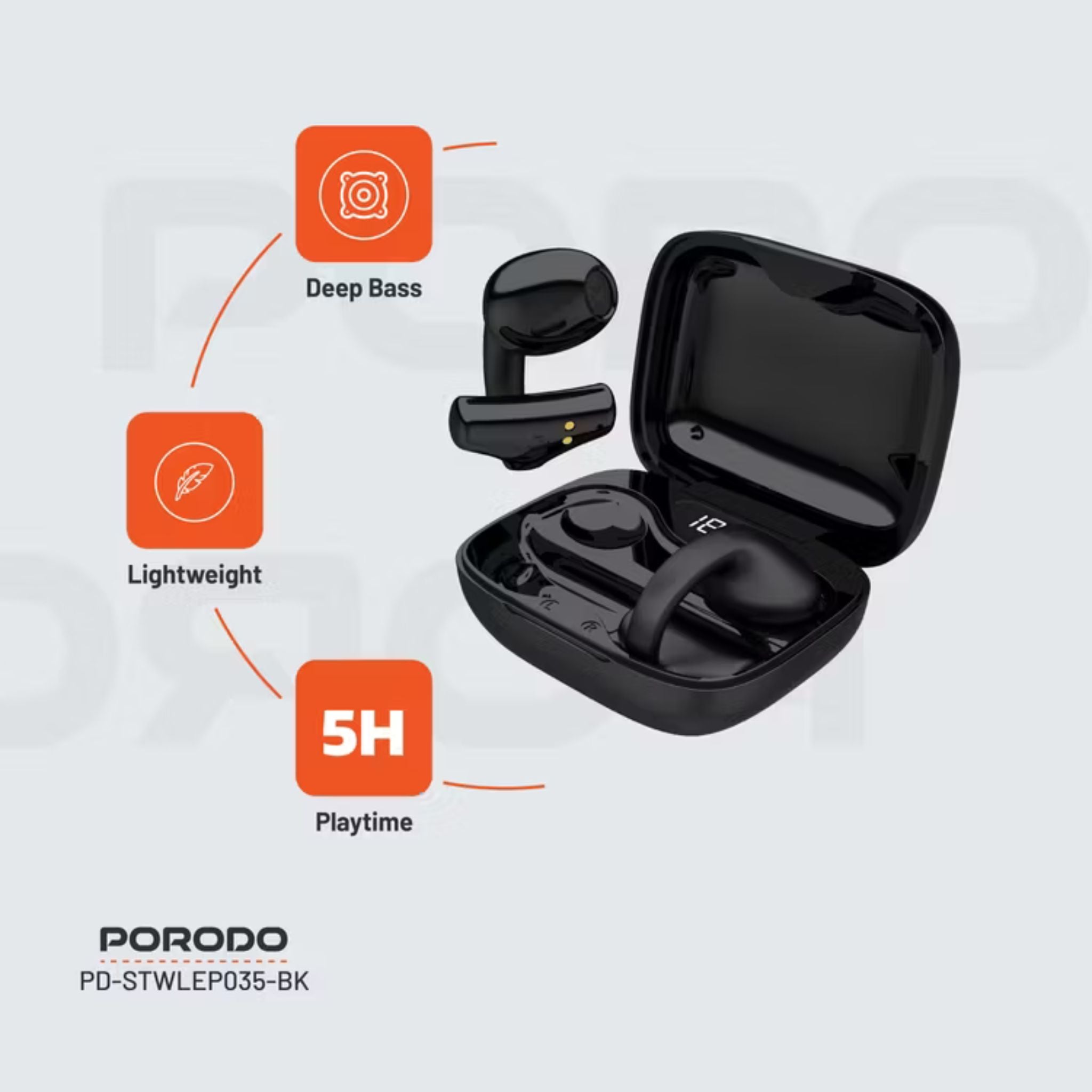 Porodo Soundtec TWS Ear Clip, 10m Transmission Range, Bluetooth V5.3, Up to 24 Hours Play Time, 300mAh Battery Capacity - BlackPorodo Soundtec TWS Ear Clip, 10m Transmission Range, Bluetooth V5.3, Up to 24 Hours Play Time, 300mAh Battery Capacity - Black