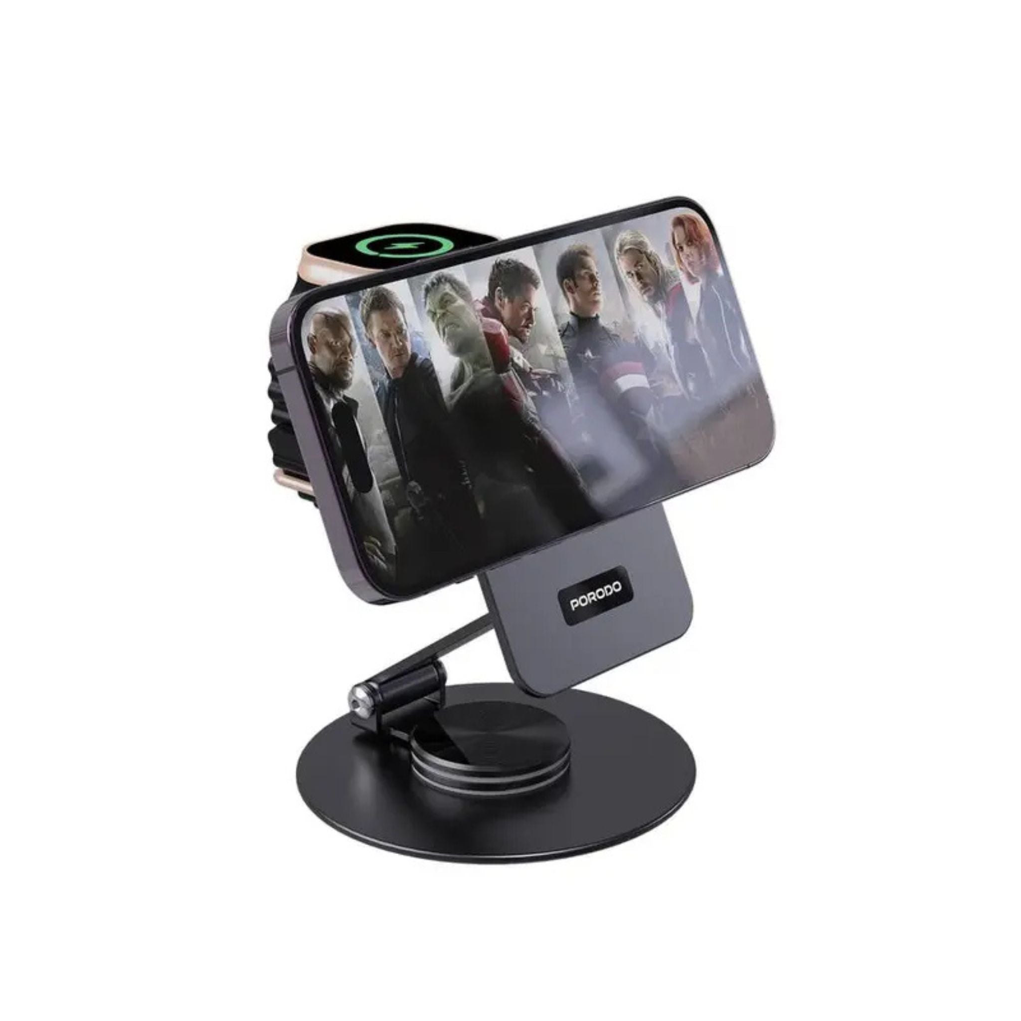 A black Porodo wireless charging rotating stand with a folding watch charger, featuring a 360° rotating base and flexible viewing angle, displayed with a smartphone on it.