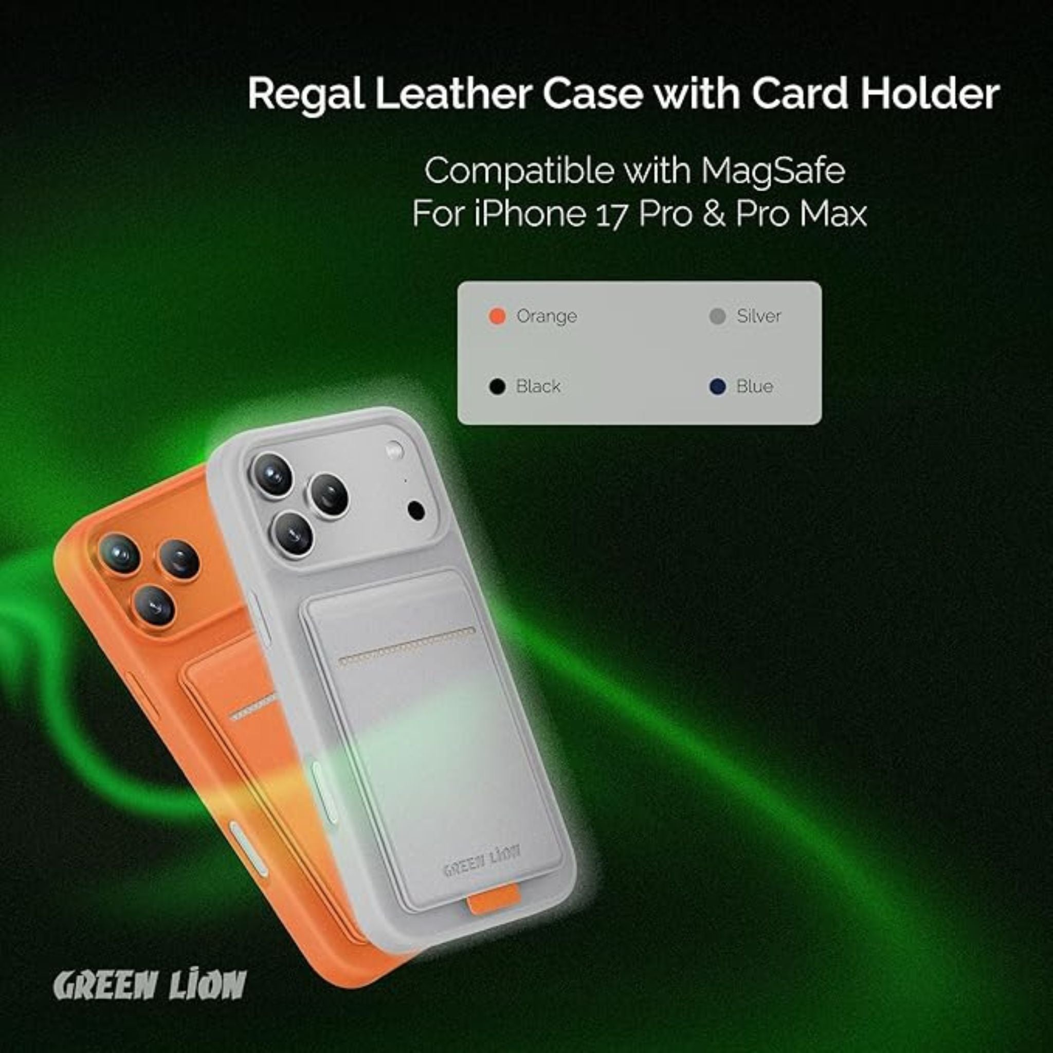 Green Lion Regal MagSafe Leather Case with Card Holder for iPhone 17 Pro Max, Anti-Fingerprint, Foldable Stand, Camera Protection, Comfortable Grip, Anti-Scratch, Shock Absorption - Blue