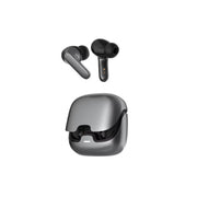 Black wireless earbuds with charging case on a white background