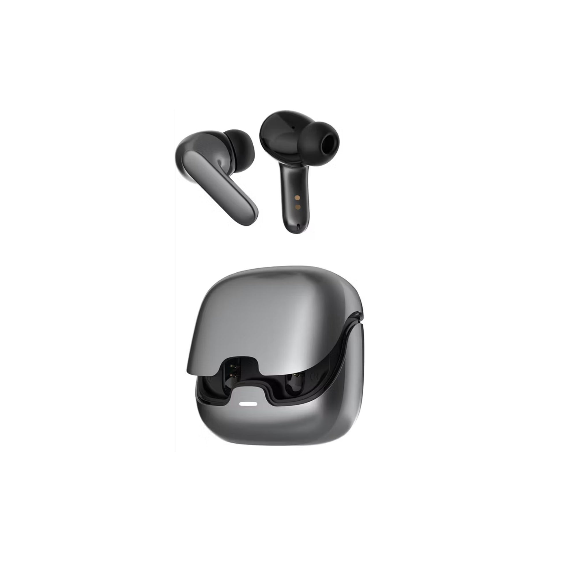 Black wireless earbuds with charging case on a white background
