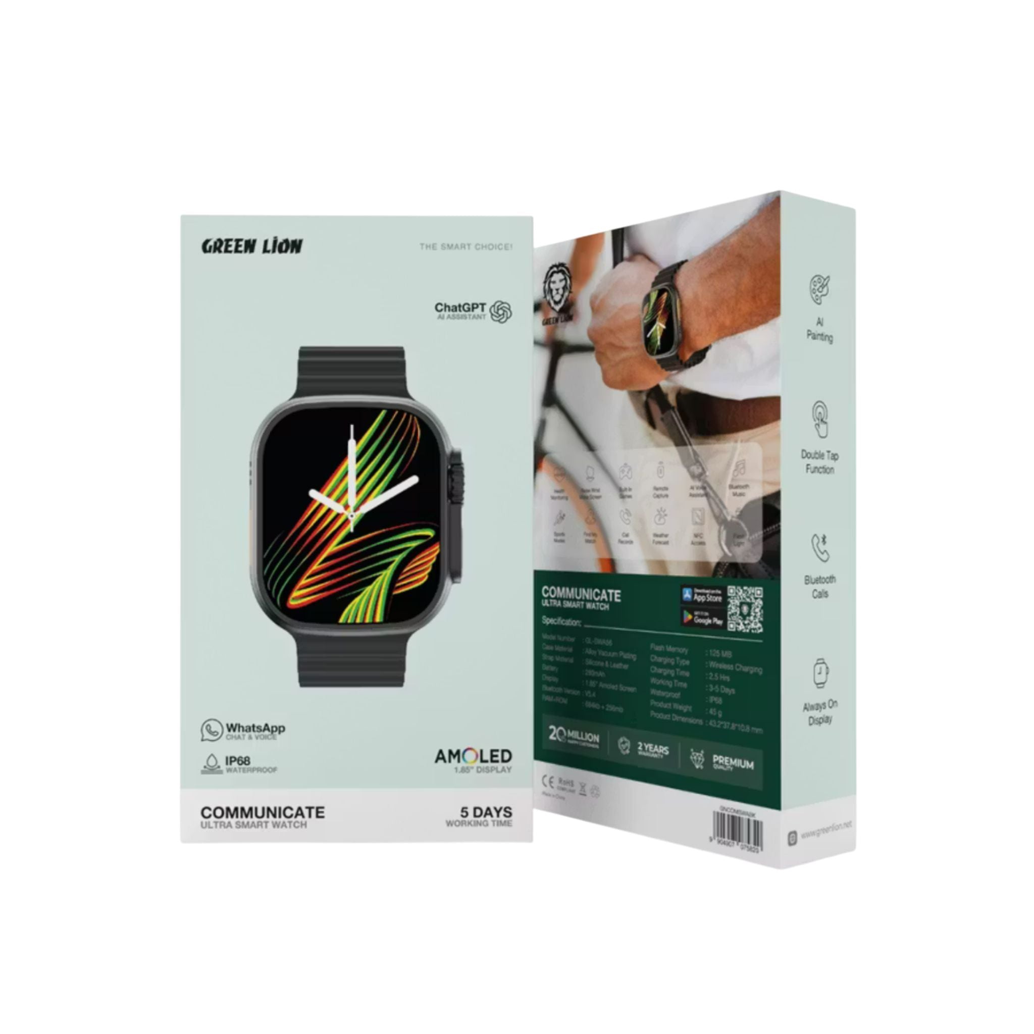 Green Lion Communicate Ultra Smart Watch with 1.85" Amoled Screen Dispaly, 280mAh Battery Capacity, Wireless Charging, AI Voice Assistant, 125MB Flash Storage, 3-5 Days Working Time - Black