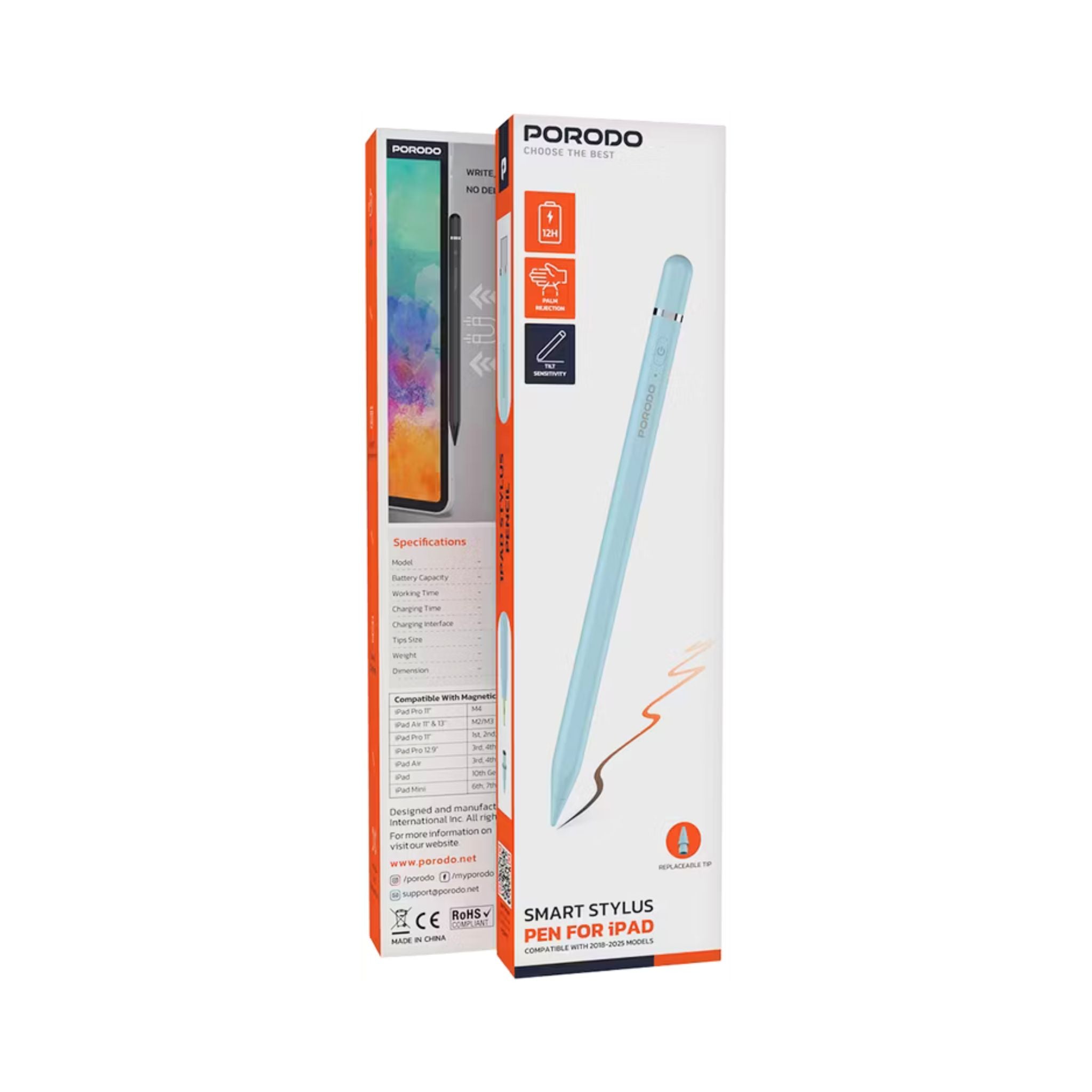 Porodo Smart Stylus Pen for iPad, Replaceable Tip, 1.7mm Tip Size, Type-C Charging Interface, 140mAh Battery Capacity, 40 Minutes Charging Time, 10-12 Hours Working Time, Magnetic Attachment, Zero Delay - Blue