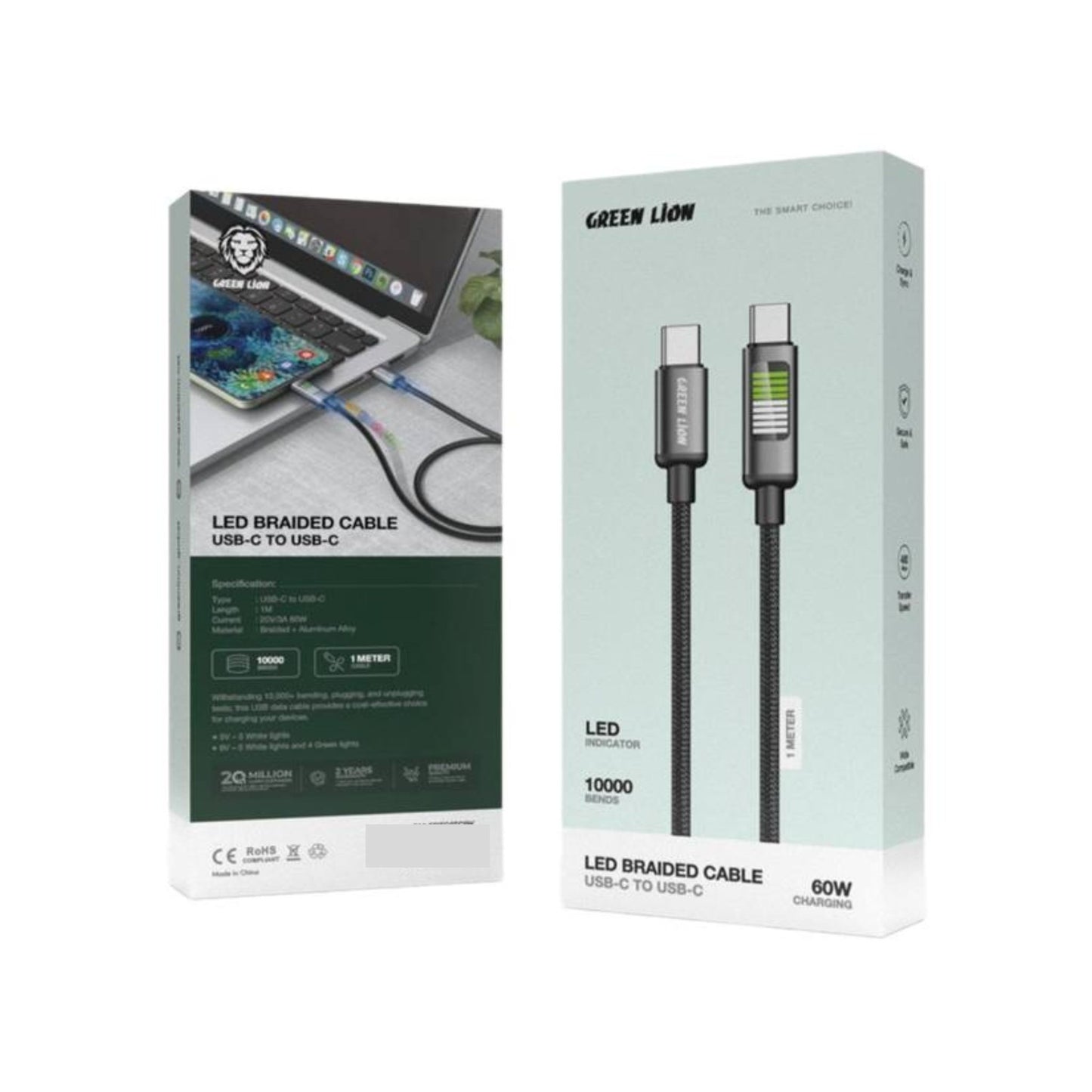 Green Lion USB-C to USB-C LED Charging Cable, Braided + Aluminum Alloy Material, 1m Cable, Secure & Safe, Wide Compatibility, LED Indicator - Black