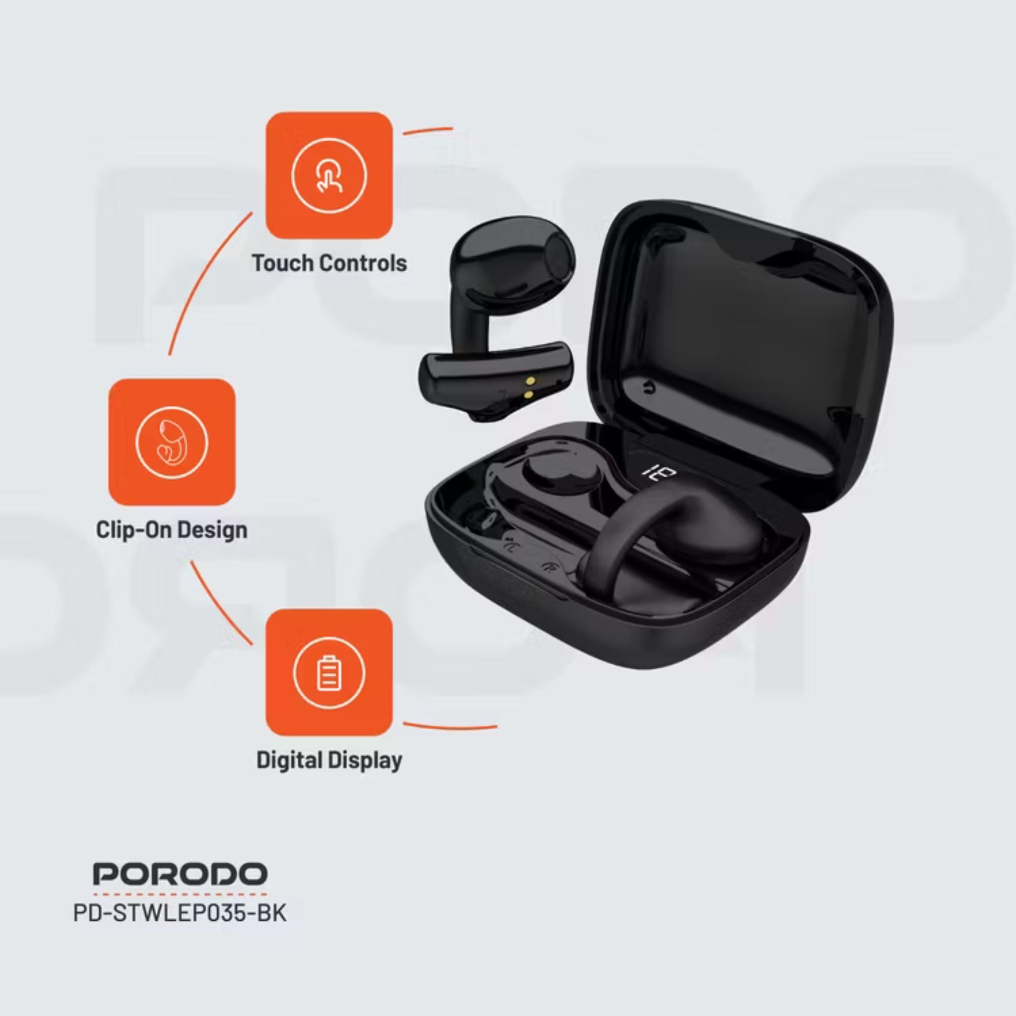 Porodo Soundtec TWS Ear Clip, 10m Transmission Range, Bluetooth V5.3, Up to 24 Hours Play Time, 300mAh Battery Capacity - BlackPorodo Soundtec TWS Ear Clip, 10m Transmission Range, Bluetooth V5.3, Up to 24 Hours Play Time, 300mAh Battery Capacity - Black