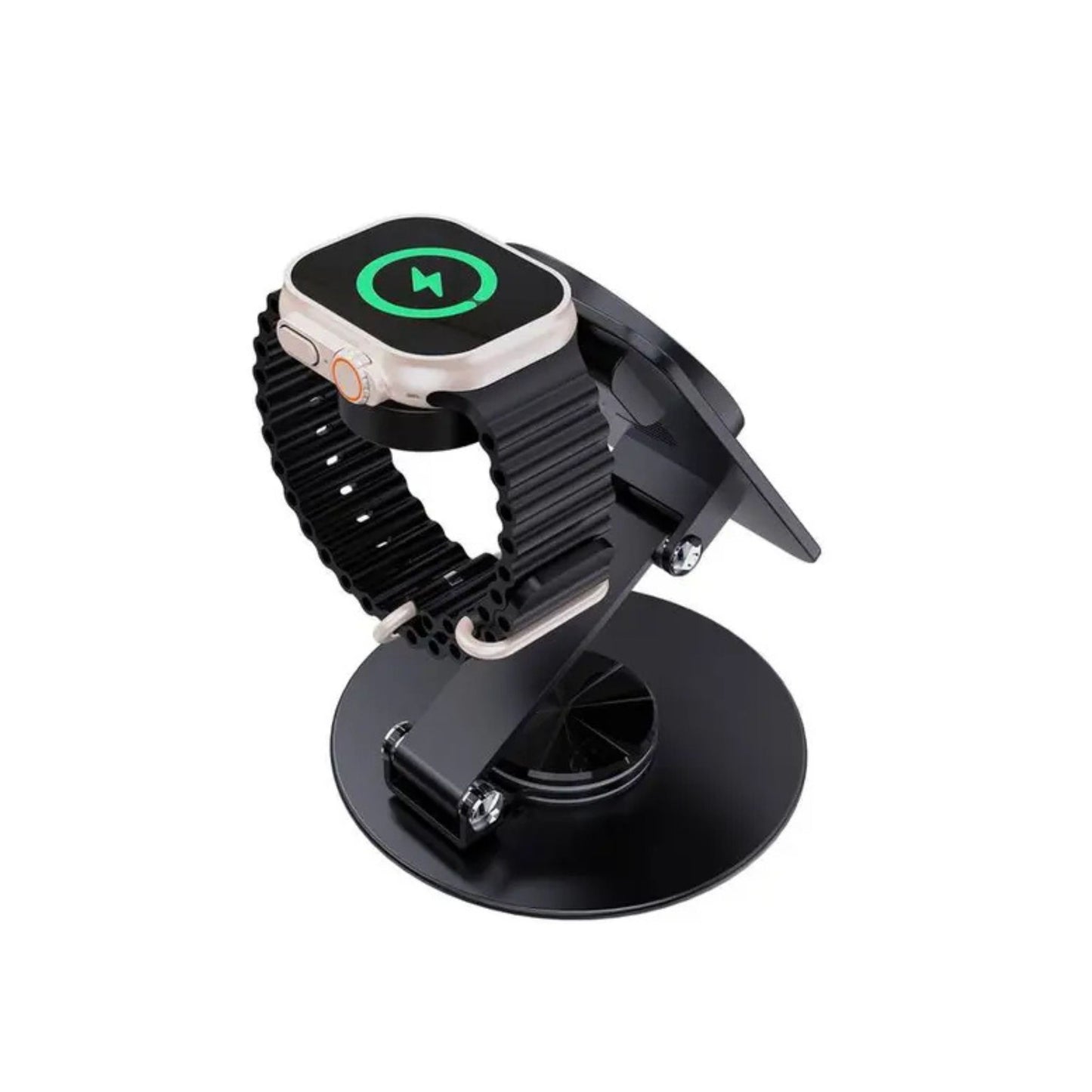 Porodo Wireless Charging Rotating Stand with Folding Watch Charge, Flexible Viewing Angle, 360° Rotating Base - Black