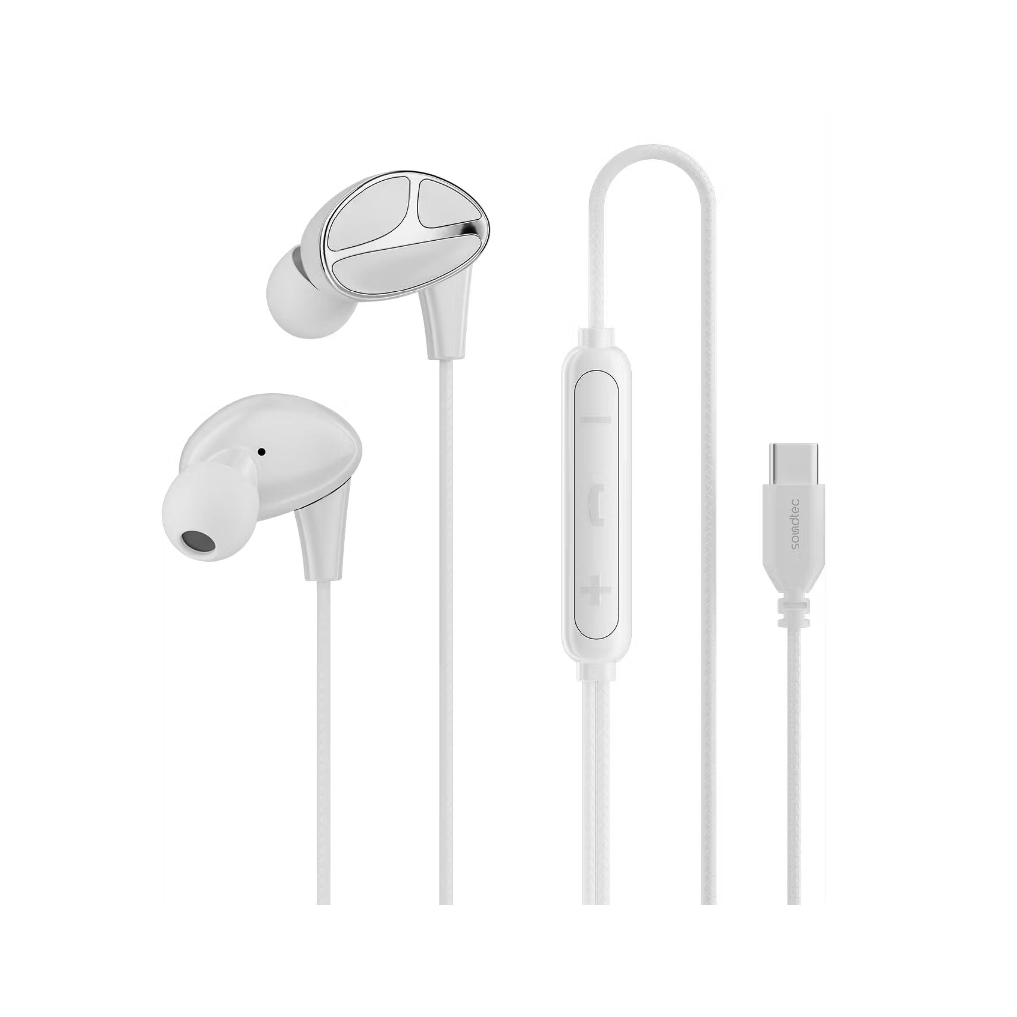 Porodo Soundtec Stereo Bass USB-C Wired Earphones with 3-Button Control, 1.2m Cable Length, 104dB Sensitivity, 14.2mm Speaker Diameter, Powerful Bass, Ergonomic Design, High-Definition Audio - White