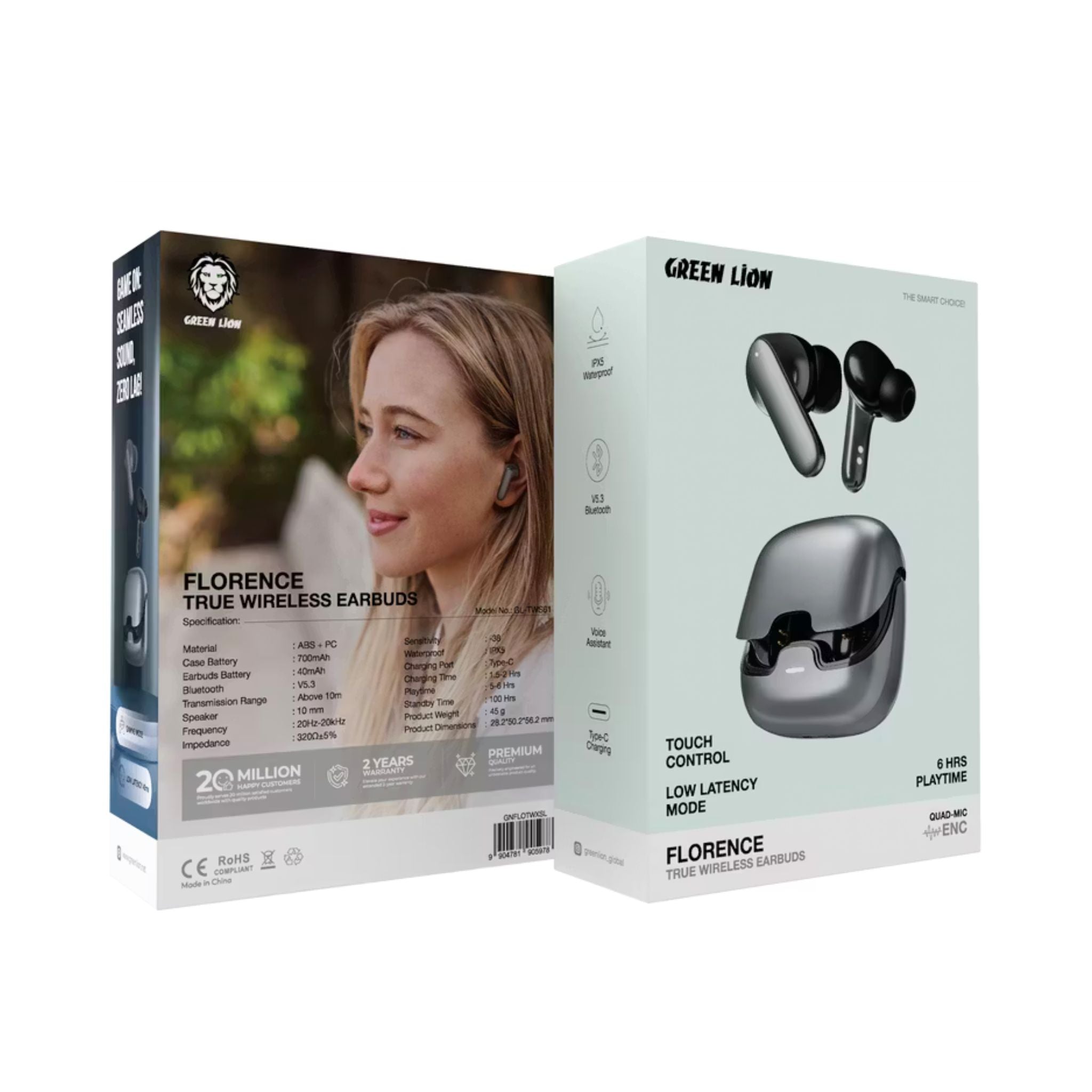 Green Lion Florence True Wireless Earbuds with Touch Control, Low Latency Mode, Voice Assistant, Quad-Microphone with ENC Technology, Gaming Mode, Up to 6 Hours Play Time, 100 Hours Standby Time, Type-C Charging Port, Above 10m Transmission Range
